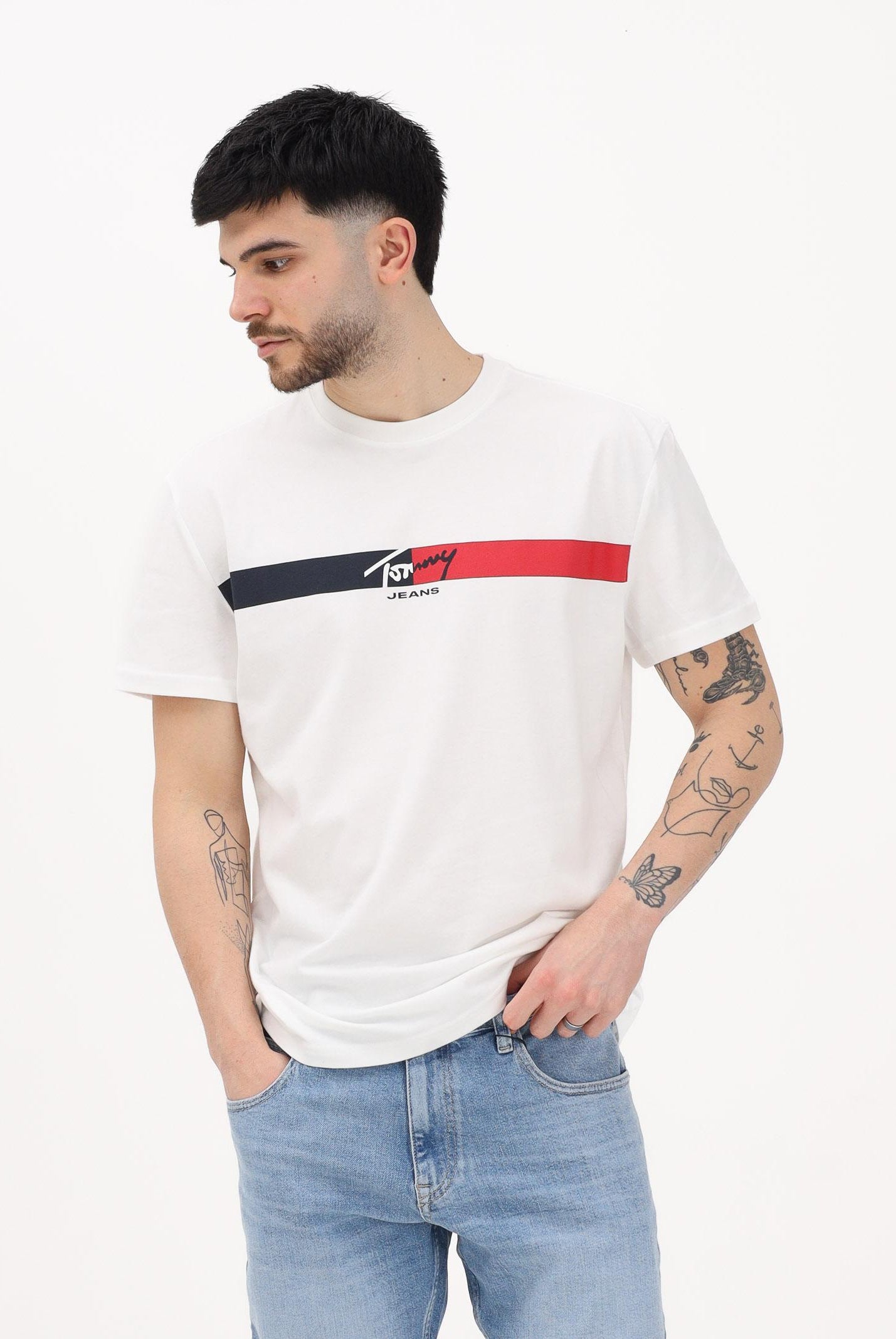 TOMMY JEANS T-shirt a manica corta panna da uomo con banda logo frontale DM0DM22539 YBL TOMMY JEANS