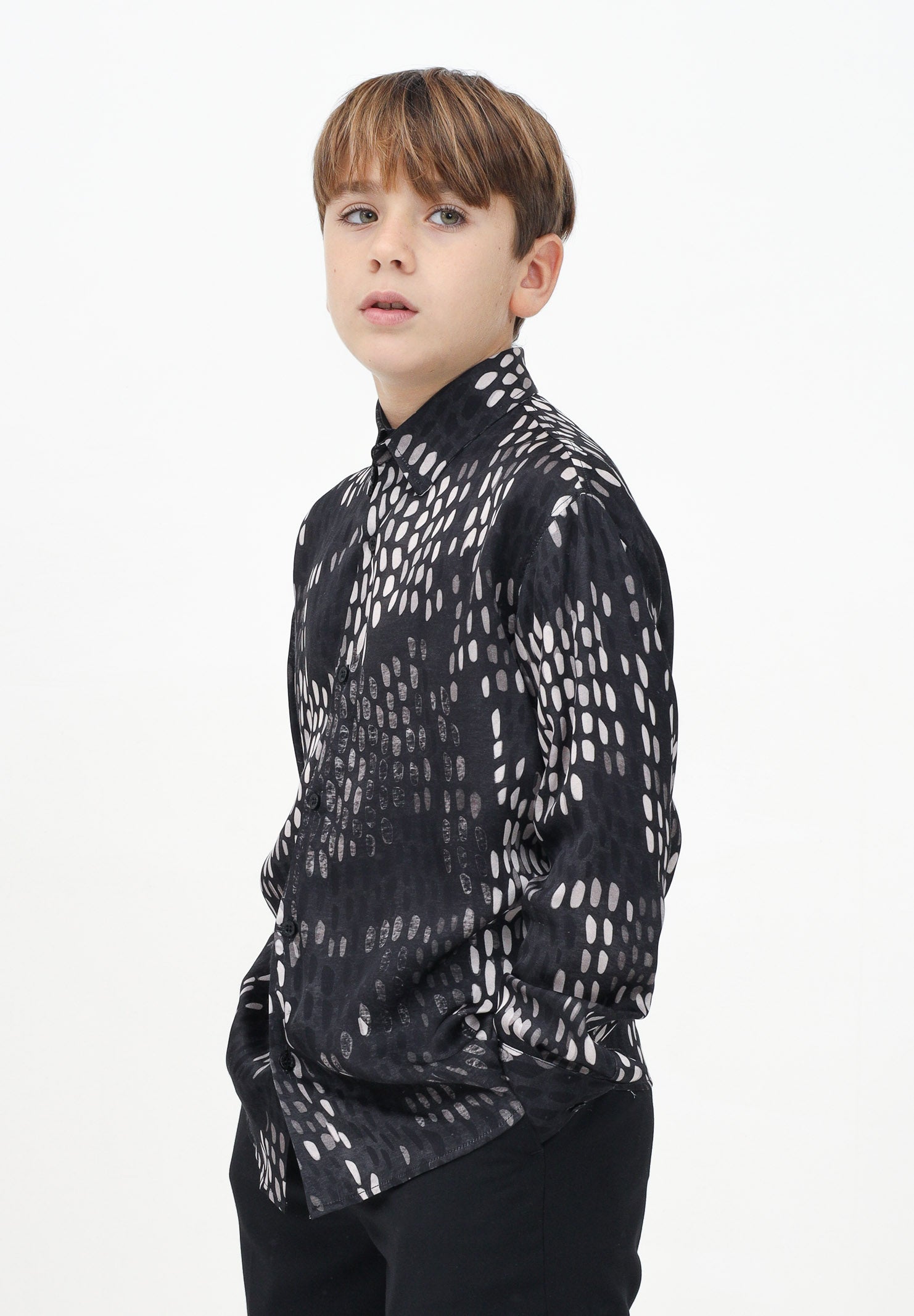 Camicia a manica lunga nera da bambino con fantasia a pois CA3106J FANTASIA I'M BRIAN 