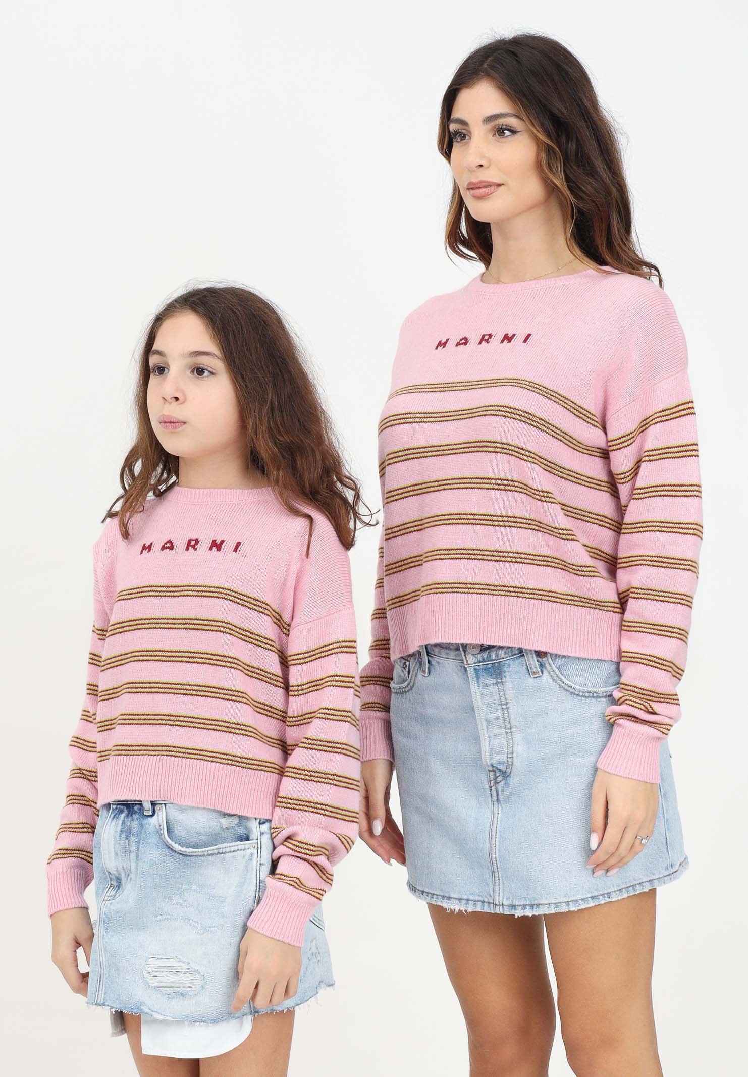 Maglioncino girocollo rosa per donna e bambina con logo e motivo a righe M01205M00SZ 0M345 MARNI 
