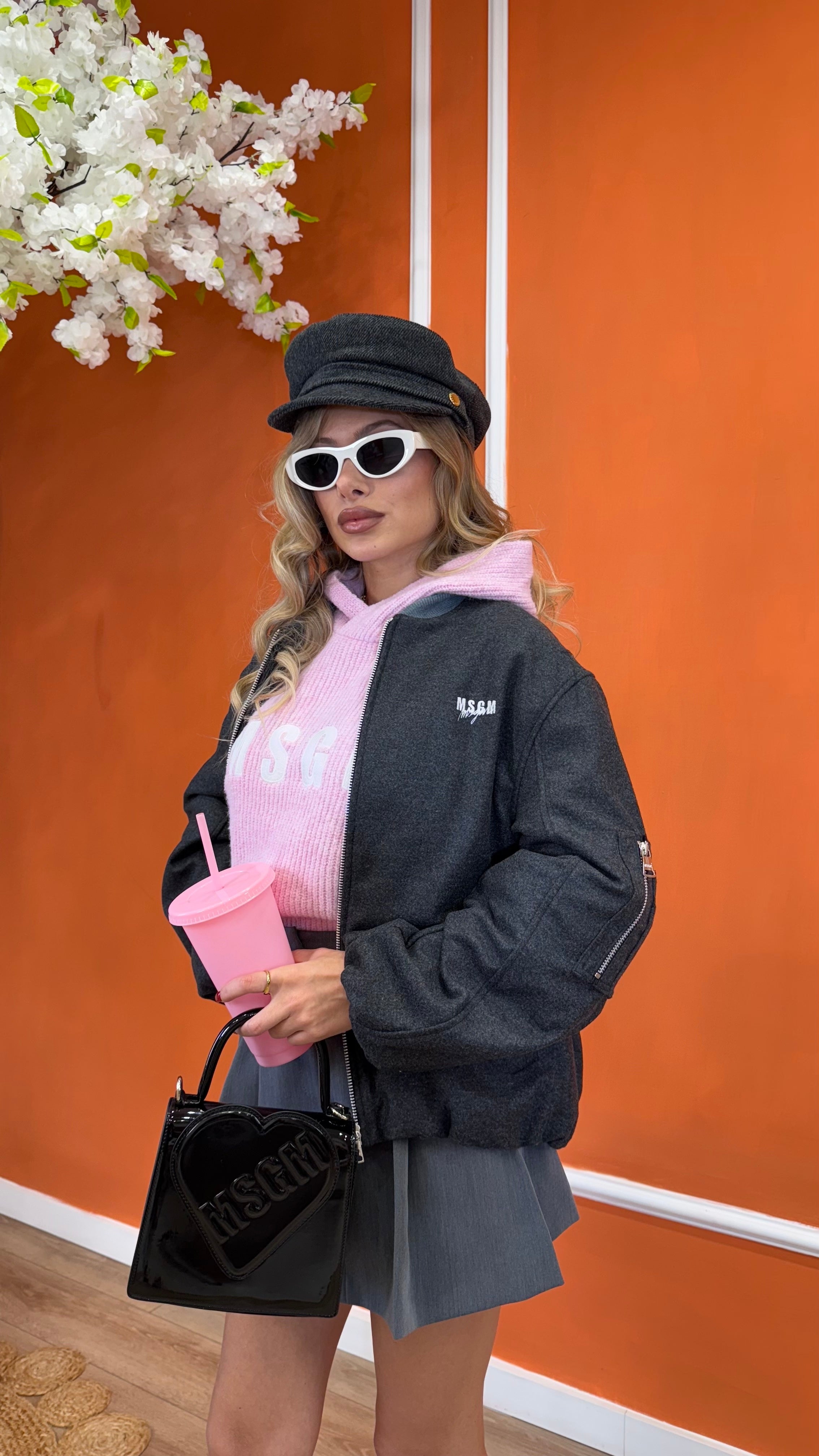 Bomber grigio per donna e bambina con piccolo ricamo logo F4MSJGBO209 101 MSGM 