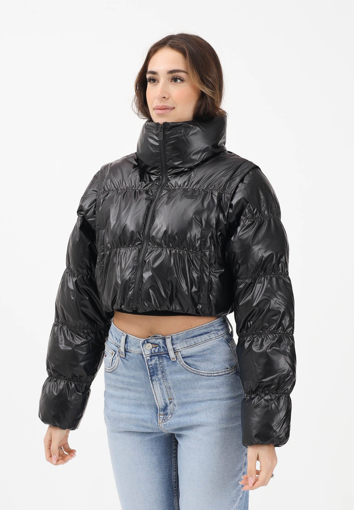 ADIDAS ORIGNALS Piumino croppato Essentials Glossy 2-In-1 nero da donna JX2988 . ADIDAS ORIGINALS 