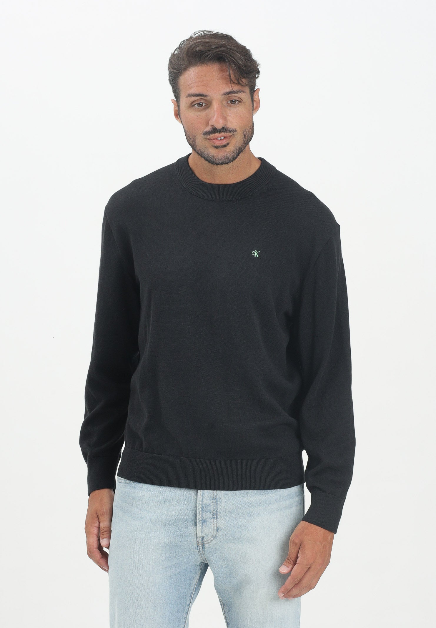CALVIN KLEIN JEANS Maglioncino girocollo nero da uomo con ricamo CK LV04RC309GUB1 . CALVIN KLEIN JEANS 