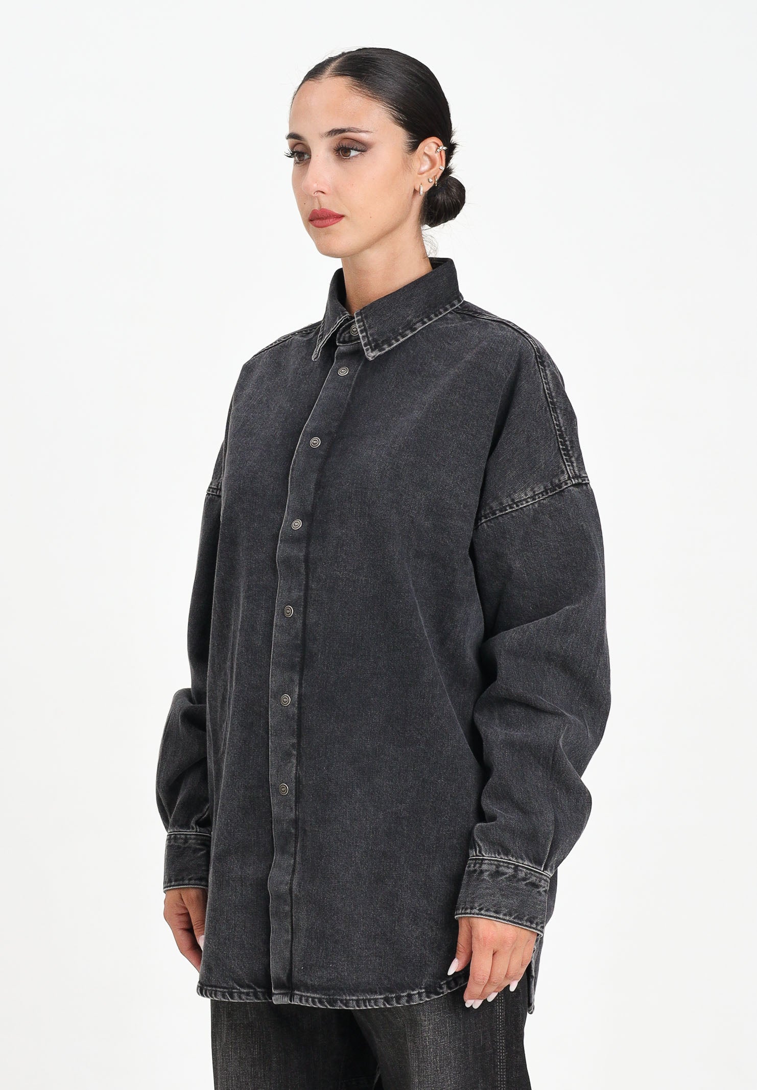 DIESEL Camicia a manica lunga in denim nero per donna, ragazzi e bambini con maxi logo Oval D J02307KXBPT K02 DIESEL 