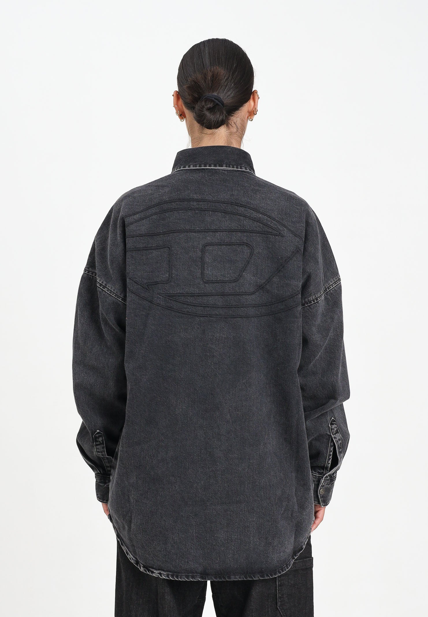DIESEL Camicia a manica lunga in denim nero per donna, ragazzi e bambini con maxi logo Oval D J02307KXBPT K02 DIESEL 
