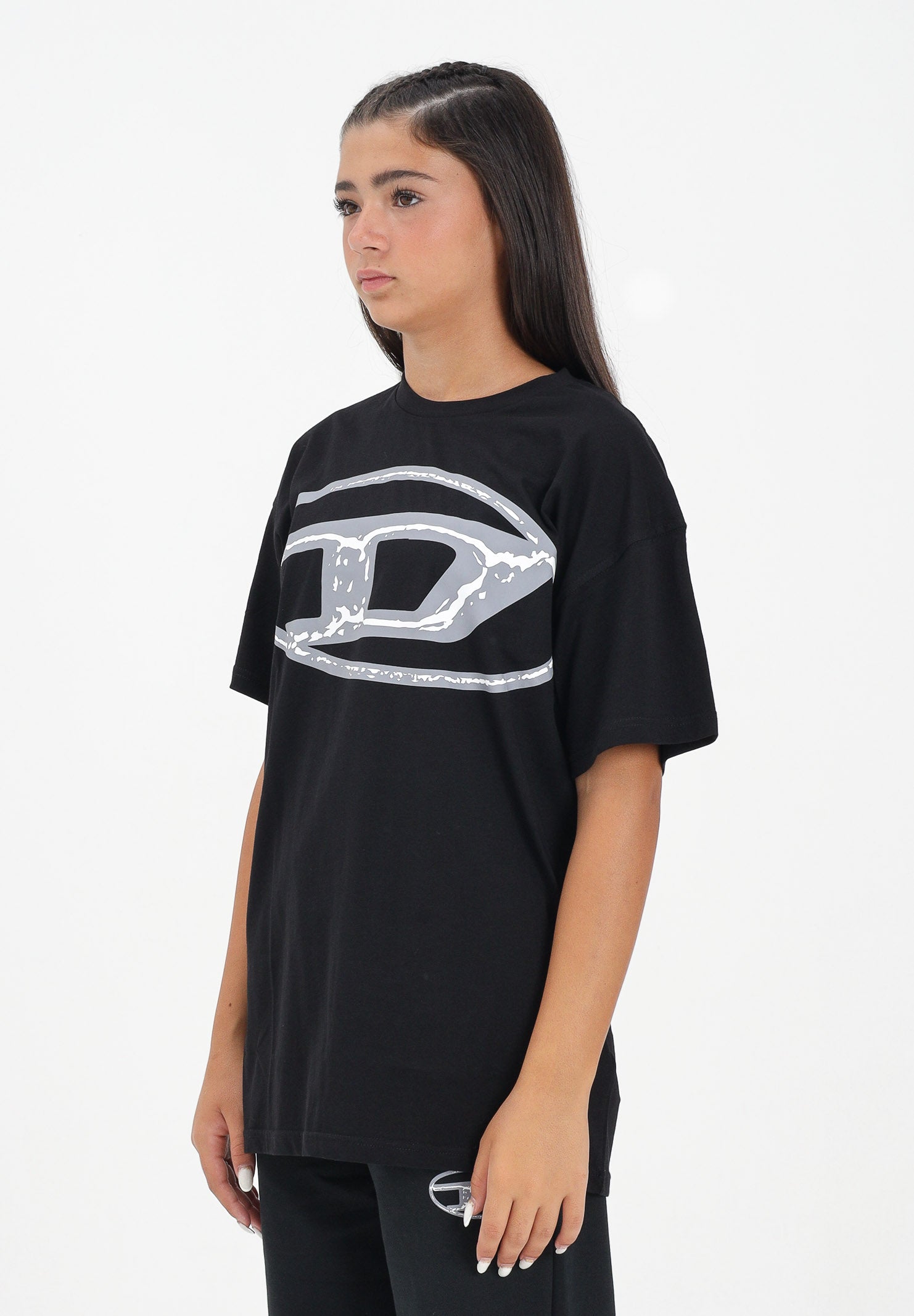 DIESEL T-shirt a manica corta nera per donna, ragazzi e bambini con maxi logo Oval D J02477KYAUN K900 DIESEL 
