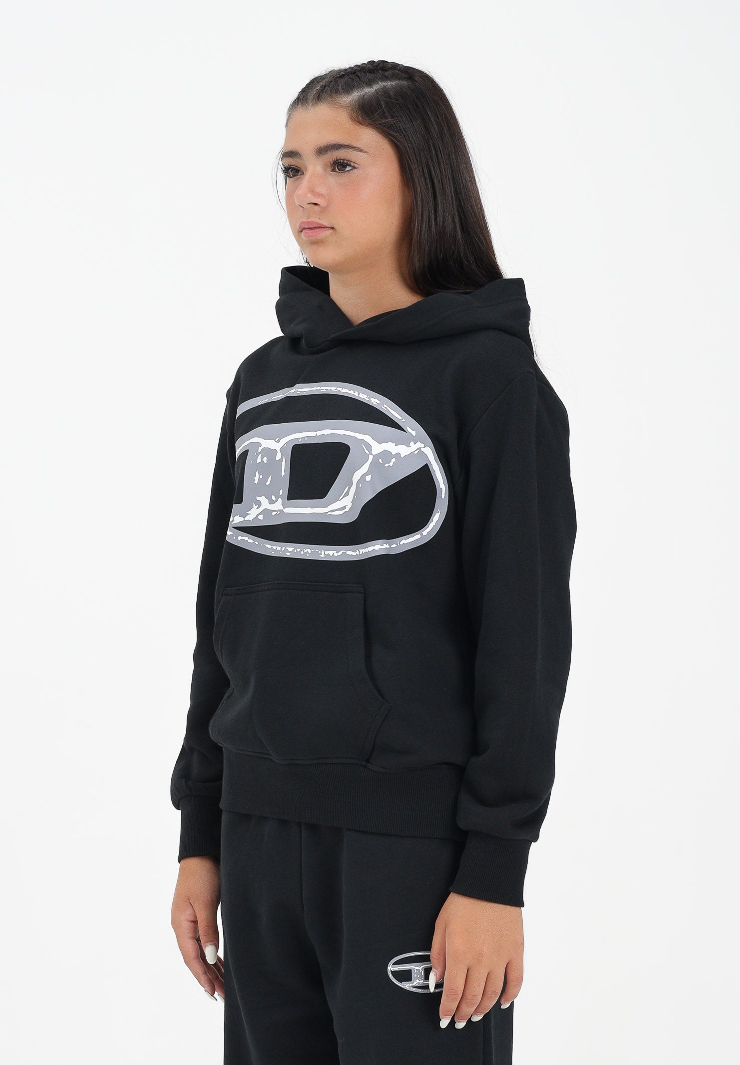 DIESEL Felpa con cappuccio nera per donna, ragazzi e bambini con maxi logo Oval D J02487KYAQK K900 DIESEL 