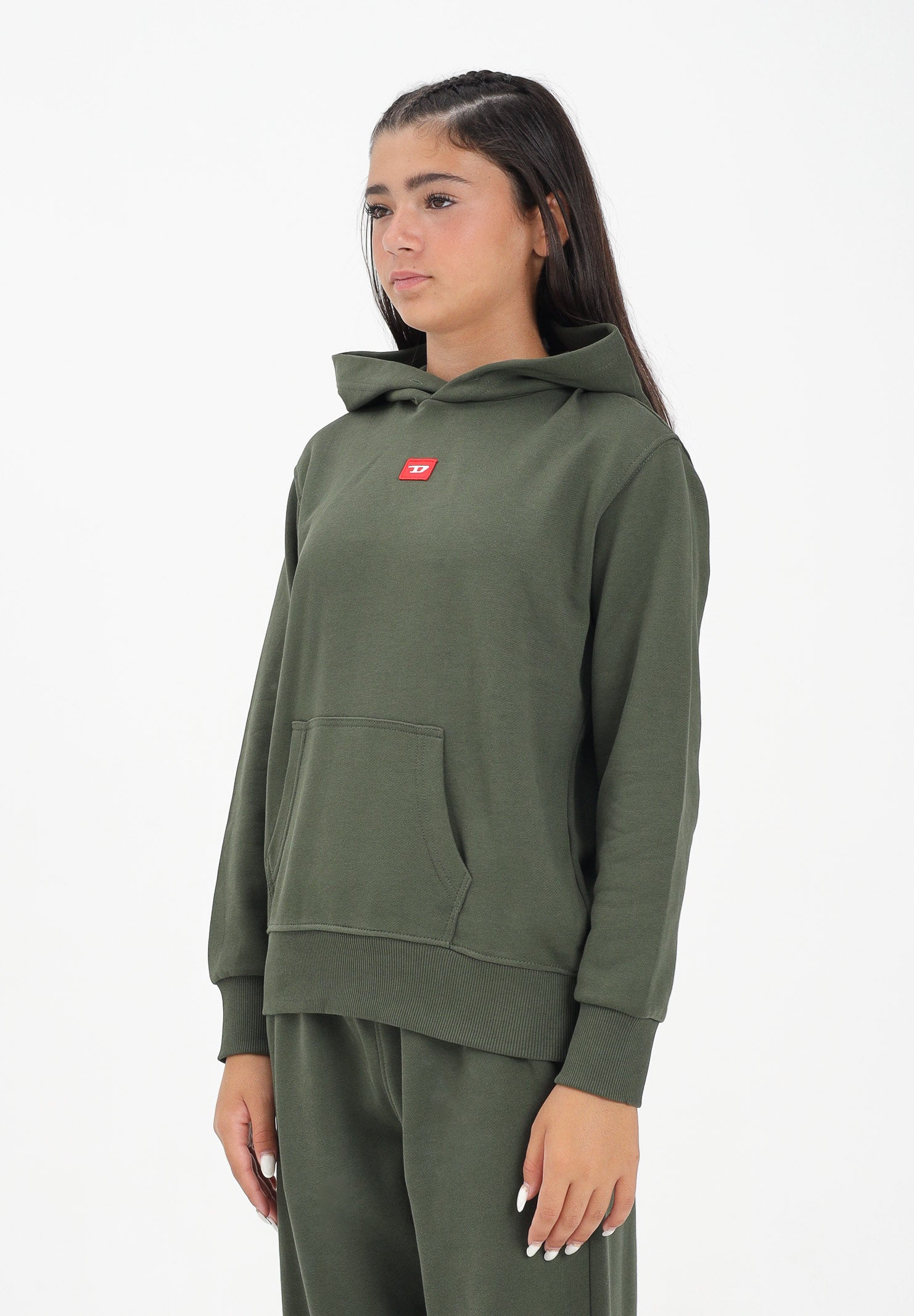 DIESEL Felpa con cappuccio verde militare per donna, ragazzi e bambini rifinita da patch D J025020GEAD K513 DIESEL 