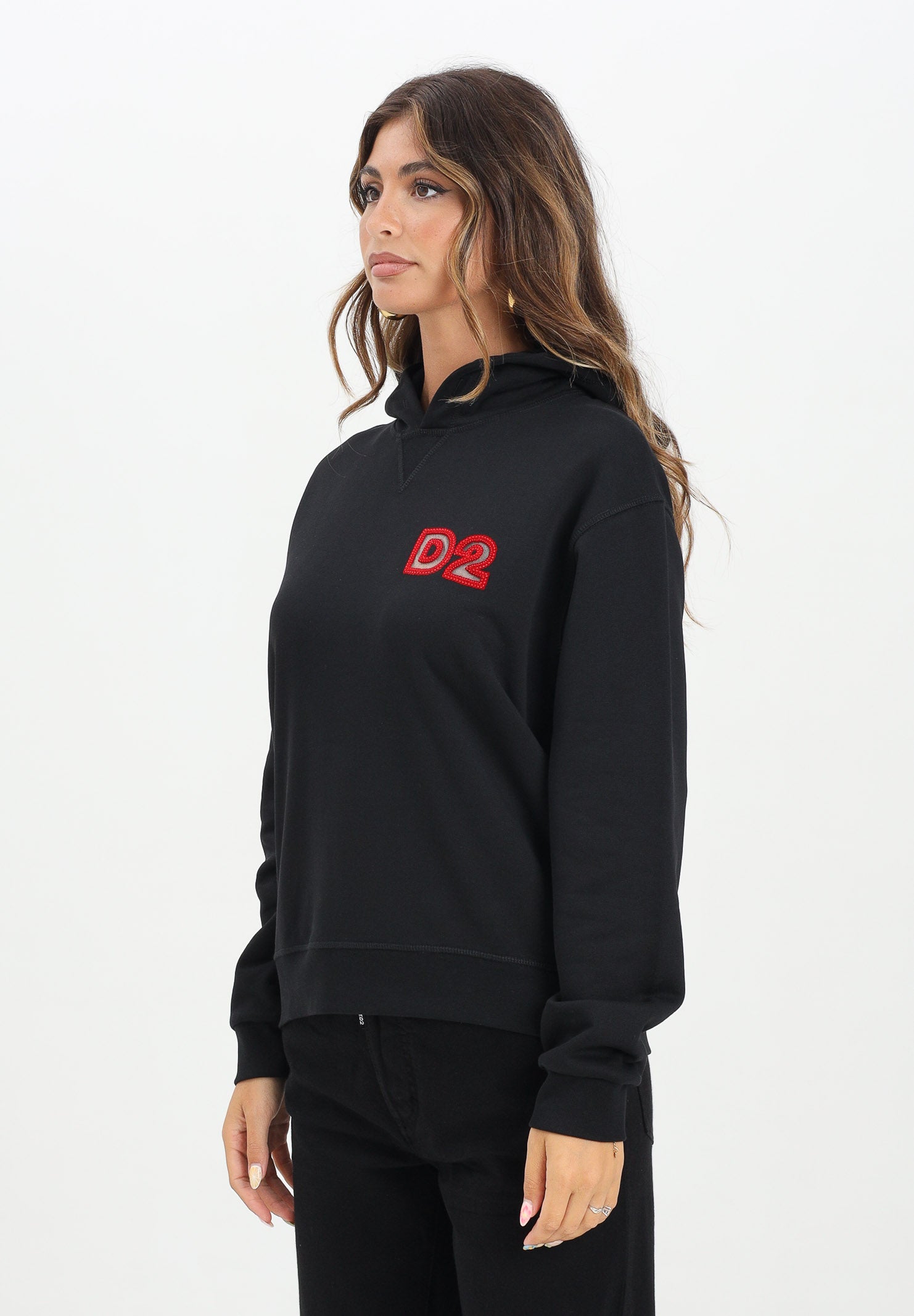 DSQUARED2 Felpa con cappuccio nera per donna, ragazzi e bambini con logo Beads DQ3016D009B DQ900 DSQUARED2 