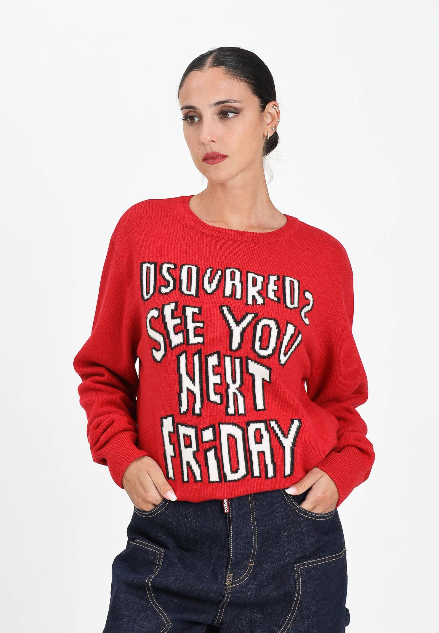 DSQUARED2 Maglioncino girocollo rosso per donna, ragazzi e bambini con lettering DQ3067D0AFE DQ423 DSQUARED2 