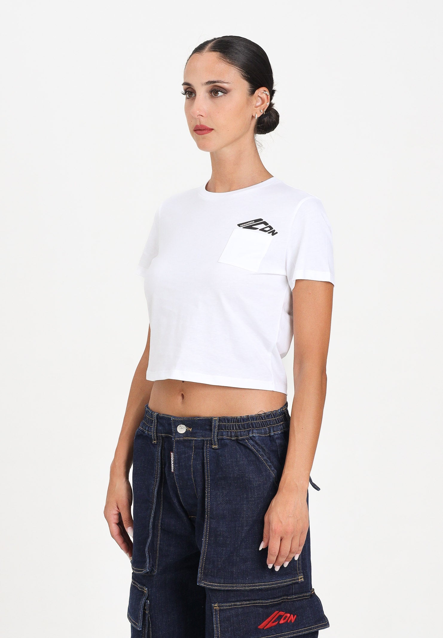 DSQUARED2 T-shirt a manica corta bianca per donna e ragazze con taschino DQ3137D00XM DQ100 DSQUARED2 