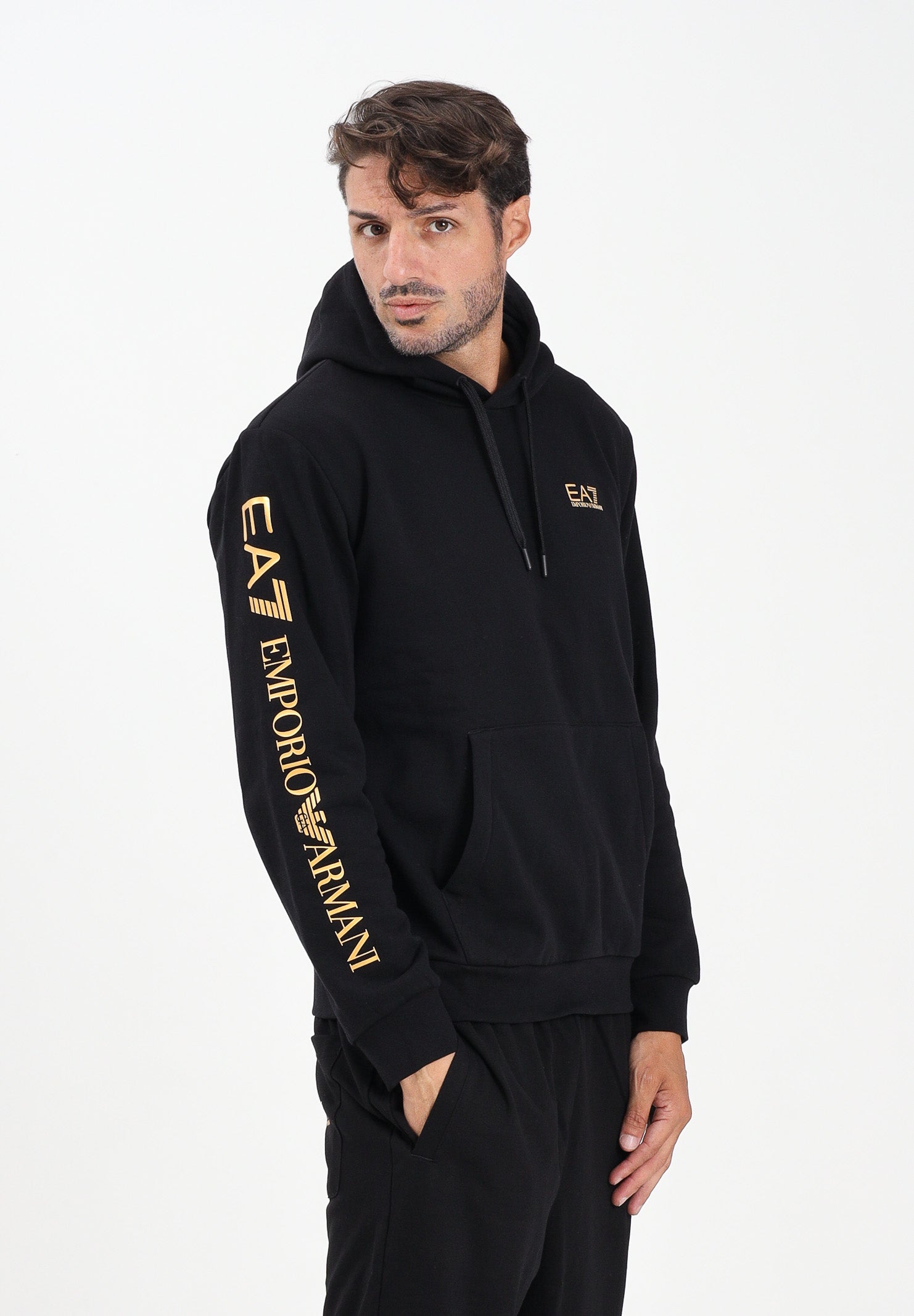 EA7 Felpa con cappuccio nera da uomo caratterizzata da stampa logo 7M000570AF10377 MC004 EA7 