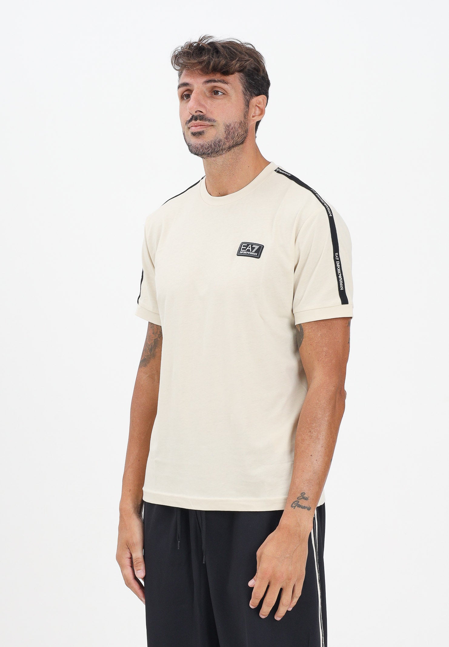 EA7 T-shirt a manica corta panna da uomo con bande logate 7M000956AF10375 M1218 EA7 