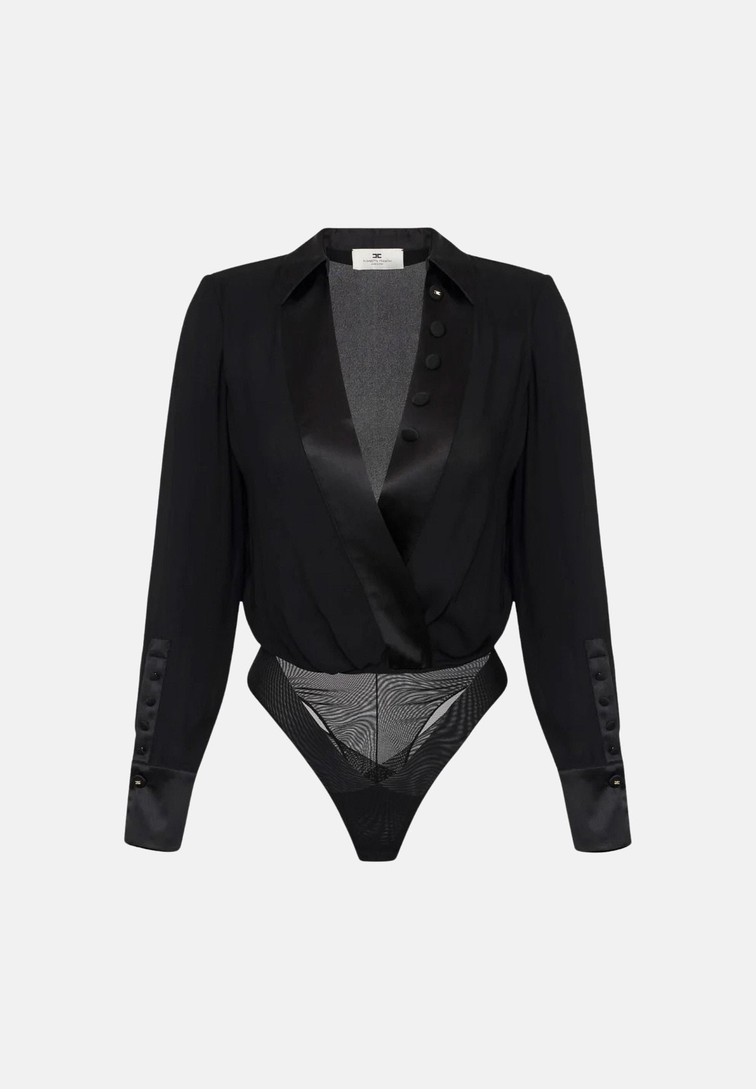 ELISABETTA FRANCHI Body a manica lunga nero da donna in georgette di viscosa e raso CB00356E2 110 ELISABETTA FRANCHI 
