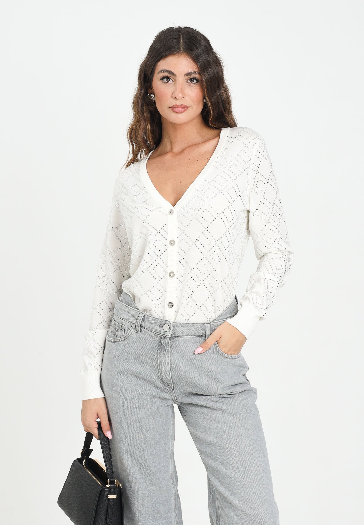 ELISABETTA FRANCHI Cardigan bianco latte da donna con cristalli<BR/> MK26B56E2 EH9 ELISABETTA FRANCHI 