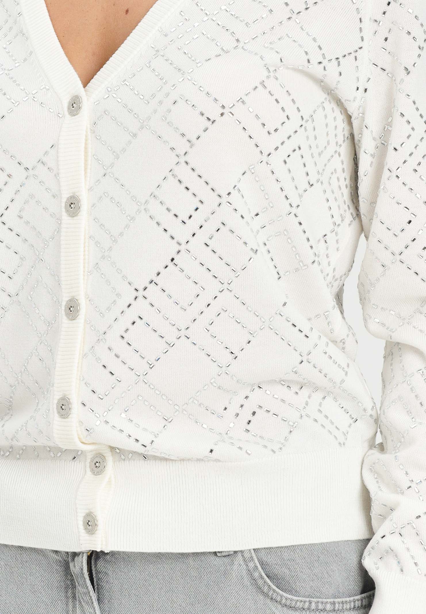 ELISABETTA FRANCHI Cardigan bianco latte da donna con cristalli<BR/> MK26B56E2 EH9 ELISABETTA FRANCHI 