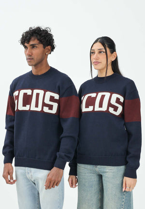GCDS Maglioncino girocollo blu per uomo e donna impreziosito da banda a contrasto e logo B2CM1505KI4 77 GCDS 