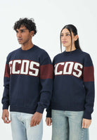GCDS Maglioncino girocollo blu per uomo e donna impreziosito da banda a contrasto e logo B2CM1505KI4 77 GCDS 
