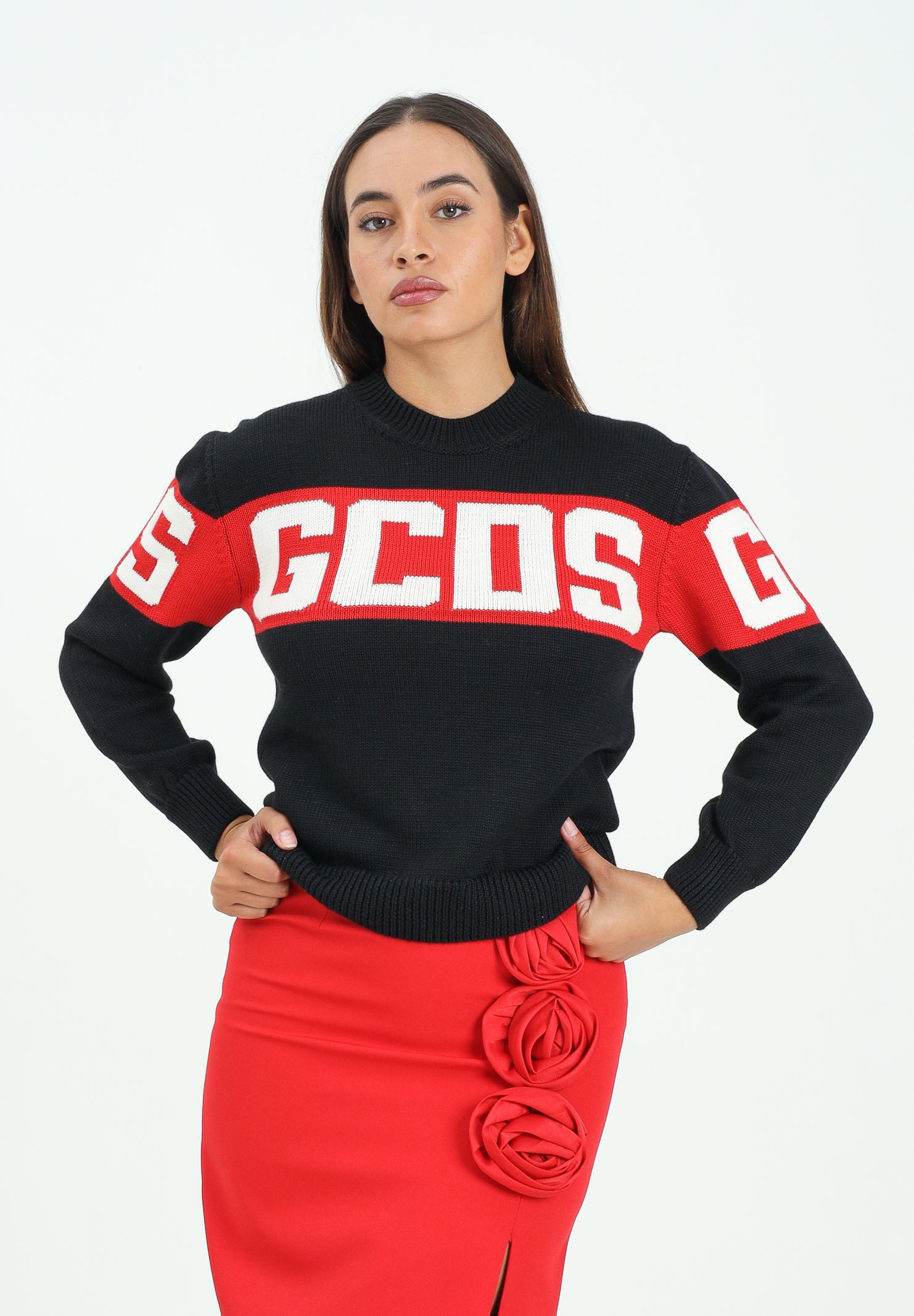 GCDS Maglioncino girocollo nero per donna, ragazzi e bambini con logo B2JU1526BA7 99 GCDS 