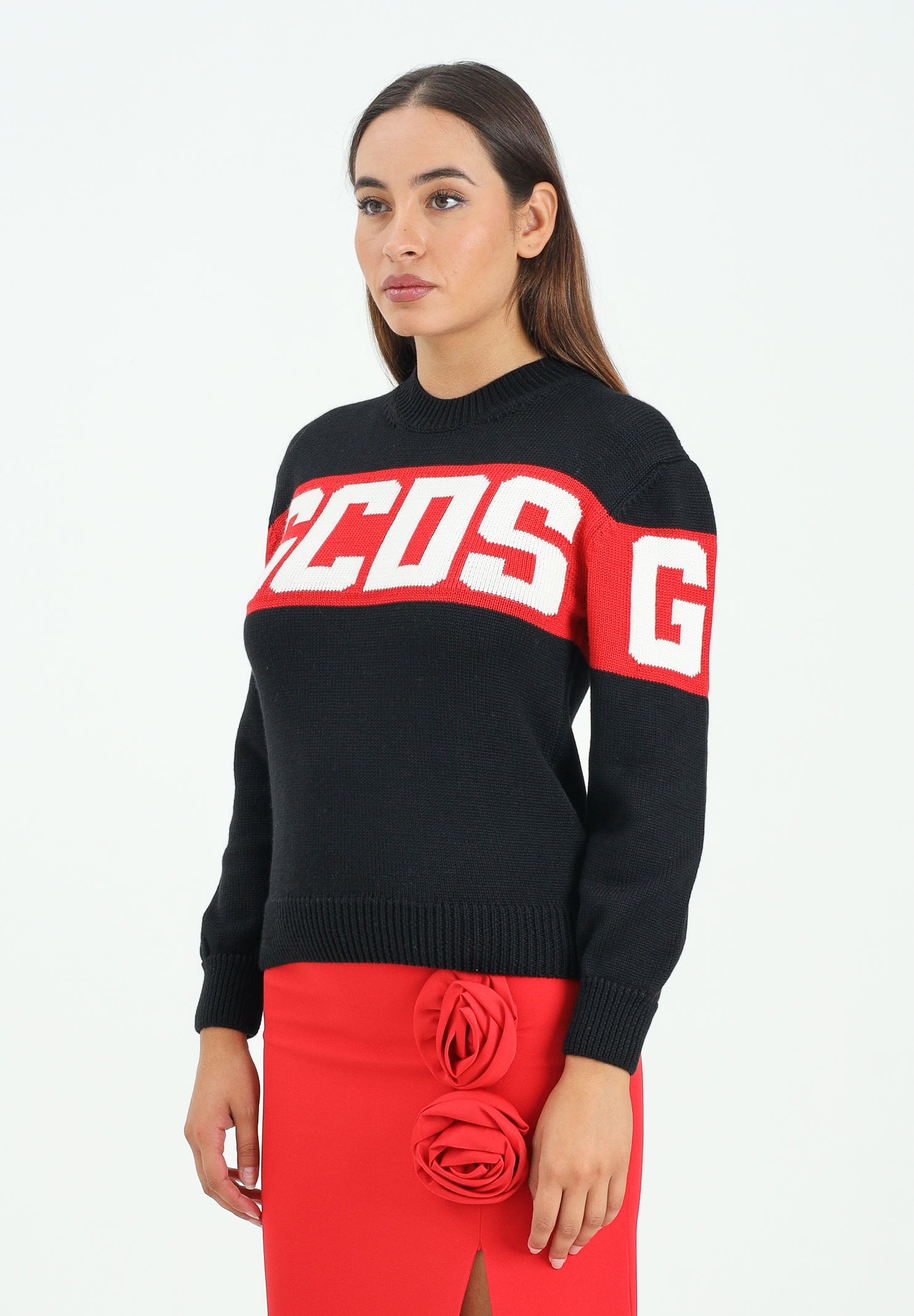 GCDS Maglioncino girocollo nero per donna, ragazzi e bambini con logo B2JU1526BA7 99 GCDS 