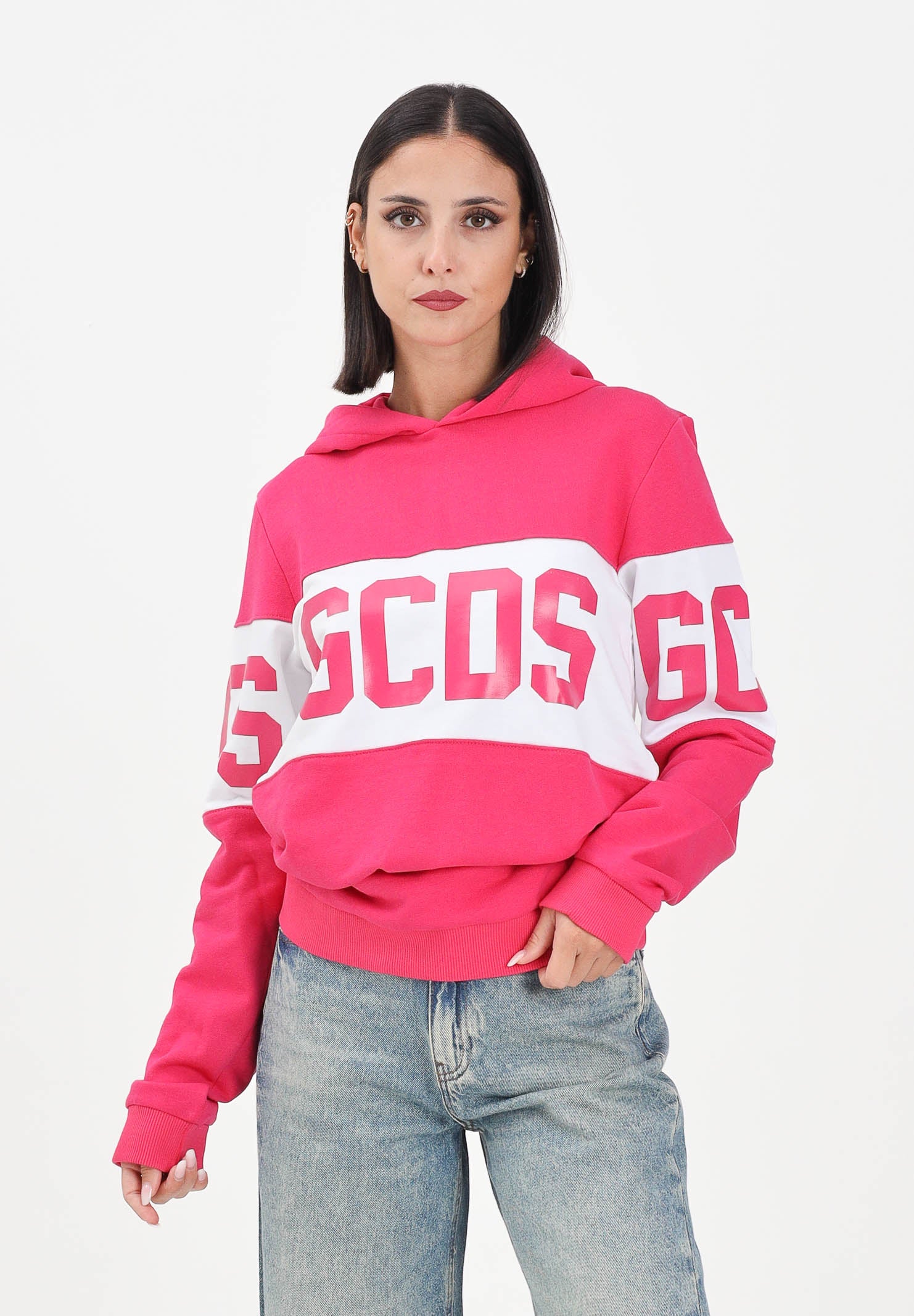GCDS Felpa con cappuccio fucsia per donna, ragazze e bambine rifinita da stampa logo B2JU1926BA2 59 GCDS 