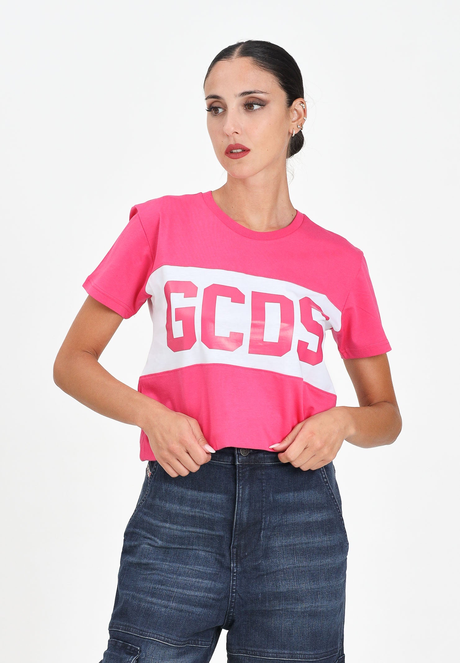 GCDS T-shirt a manica corta fucsia per donna, ragazze e bambine con fascia bianca logata B2JU2329JF1 59 GCDS 
