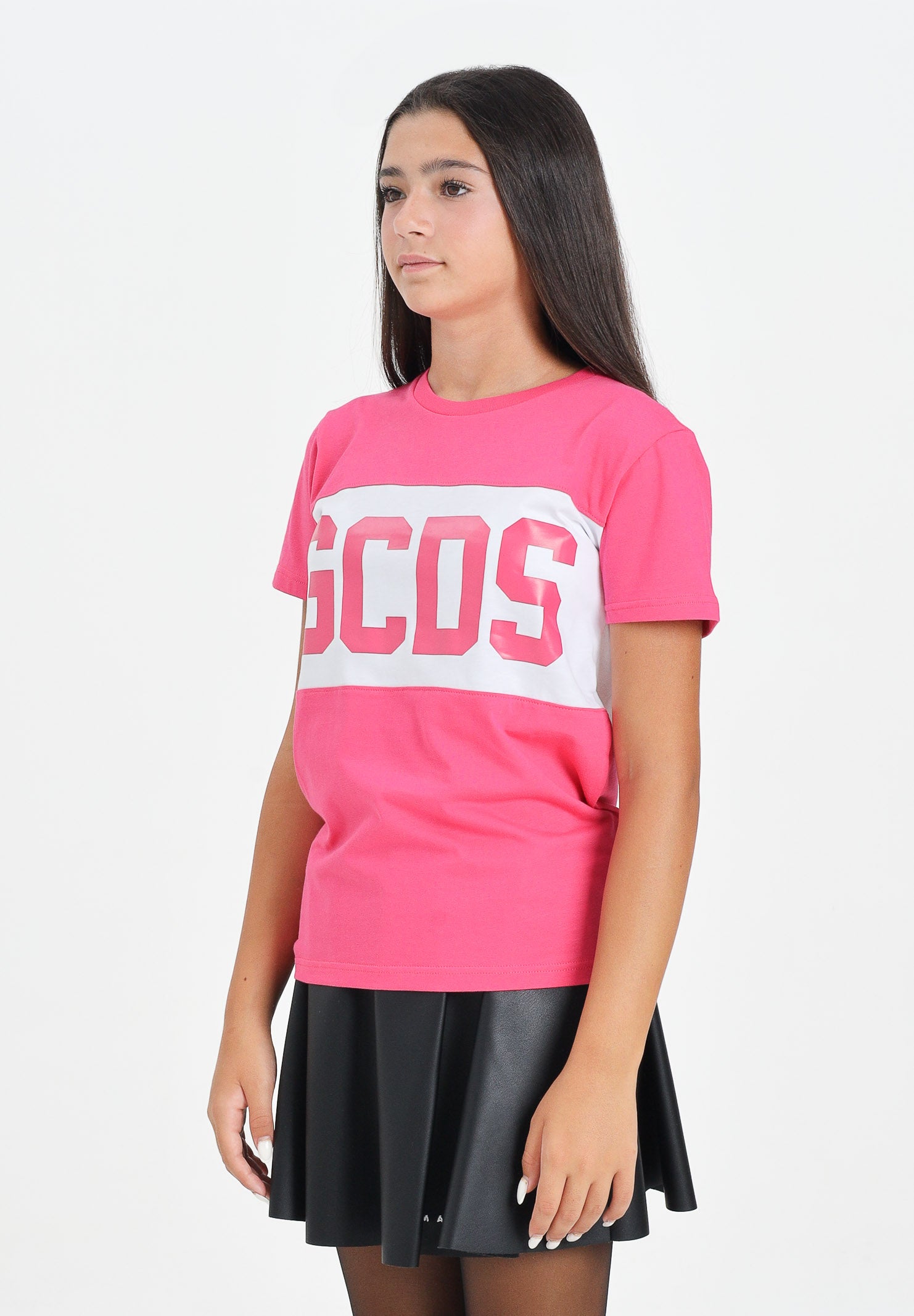 GCDS T-shirt a manica corta fucsia per donna, ragazze e bambine con fascia bianca logata B2JU2329JF1 59 GCDS 