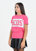 GCDS T-shirt a manica corta fucsia per donna, ragazze e bambine con fascia bianca logata B2JU2329JF1 59 GCDS 