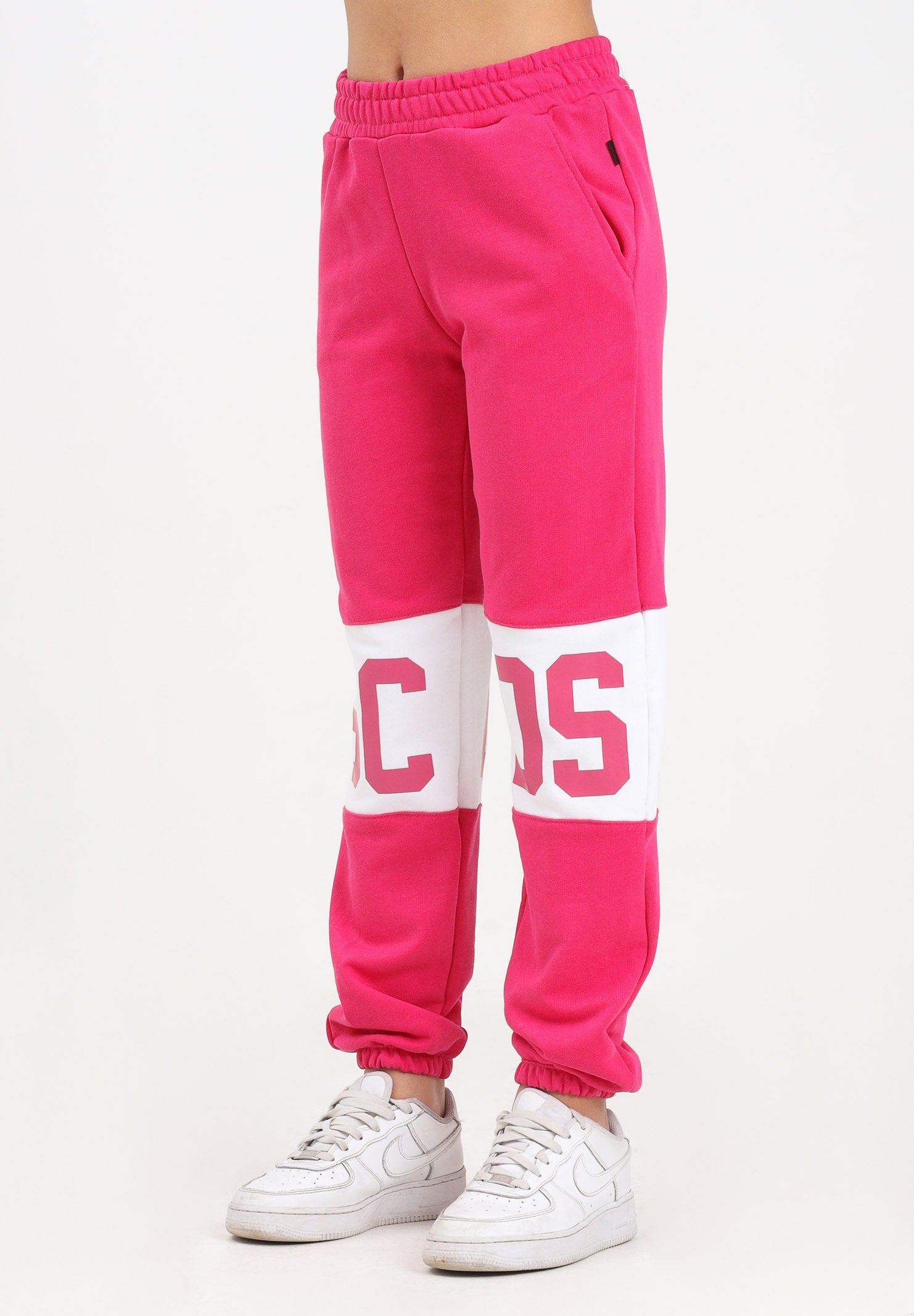 GCDS Pantalone sportivo fucsia per donna, ragazzi e bambini con banda a contrasto e logo B2JU3017BA2 59 GCDS 