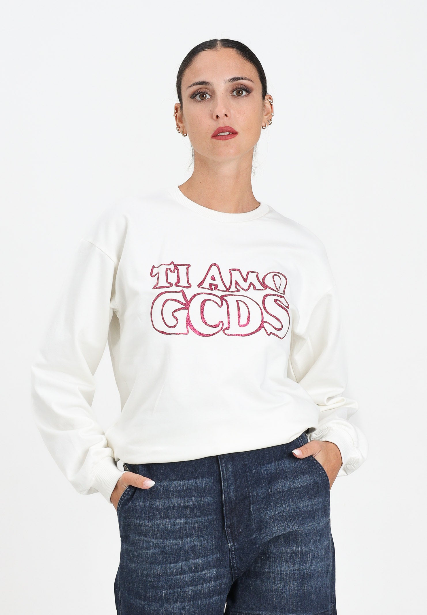 GCDS Felpa girocollo bianca per donna e ragazze con stampa in strass B2JW1532BA5 15 GCDS 