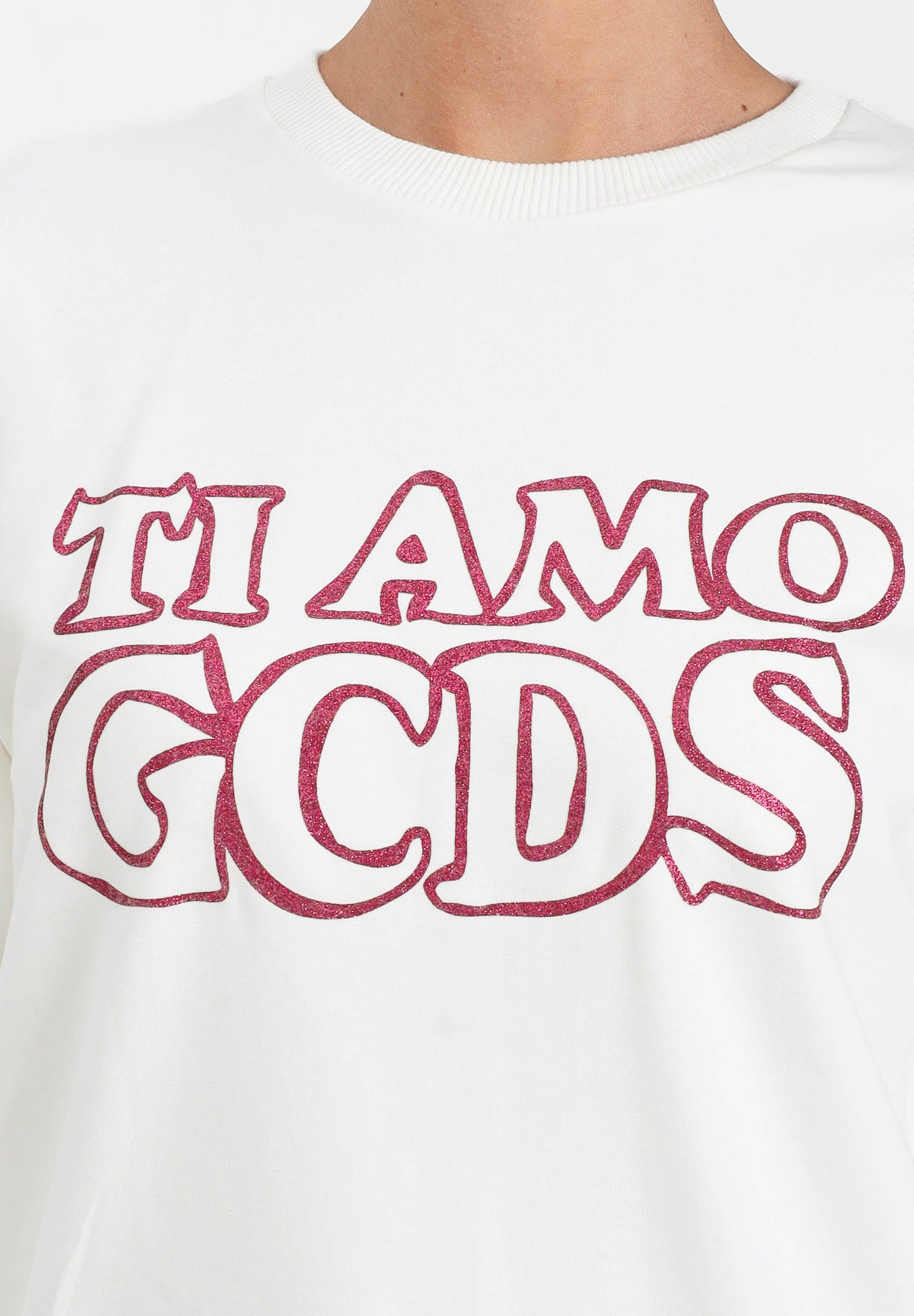 GCDS Felpa girocollo bianca per donna e ragazze con stampa in strass B2JW1532BA5 15 GCDS 