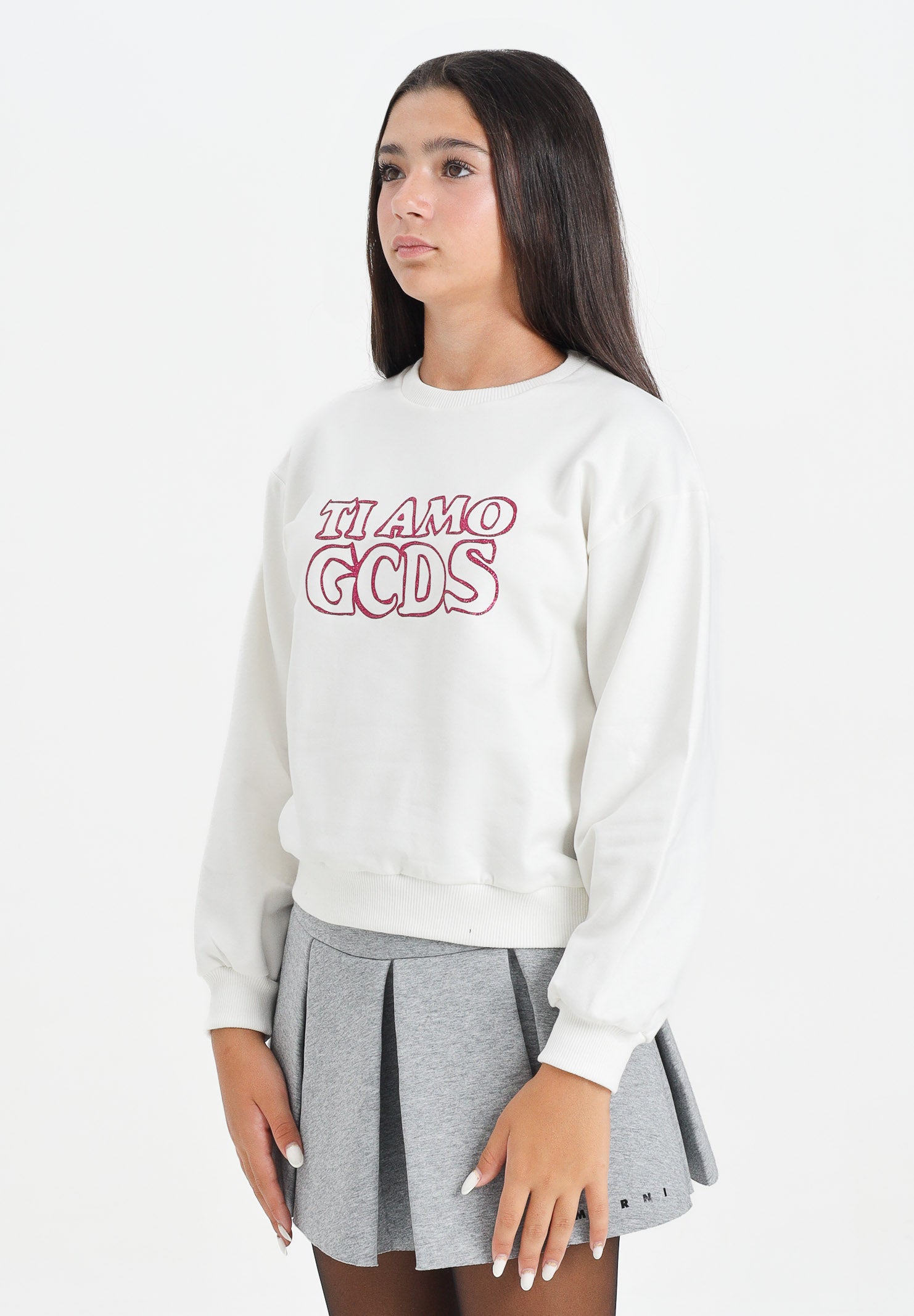GCDS Felpa girocollo bianca per donna e ragazze con stampa in strass B2JW1532BA5 15 GCDS 