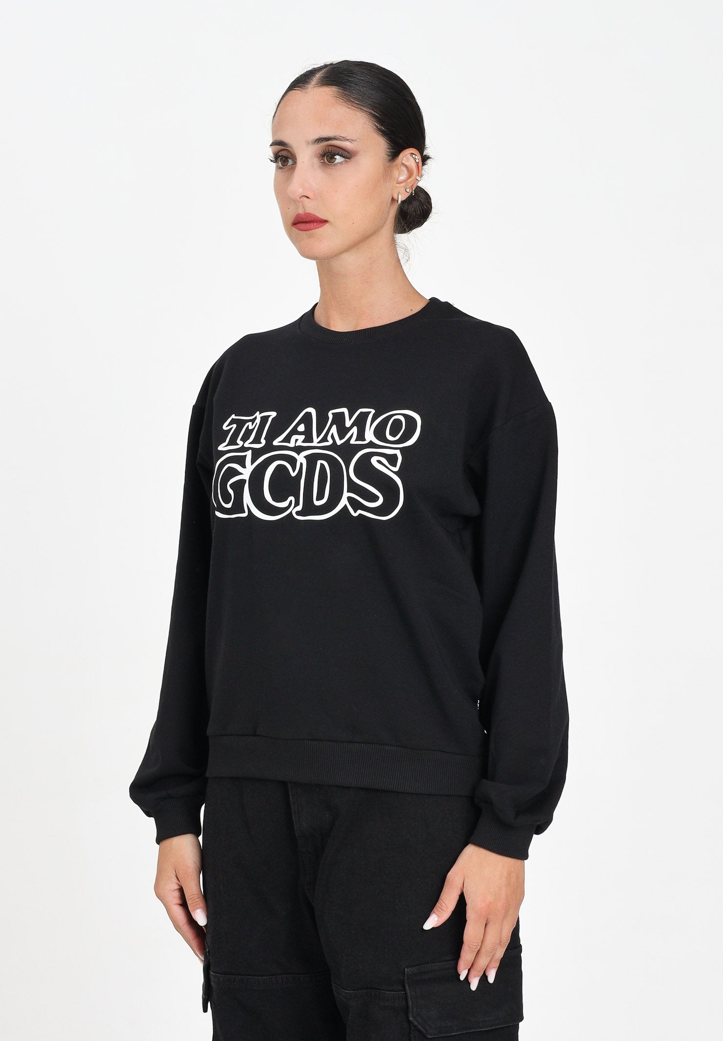 GCDS Felpa girocollo nera per donna e ragazze con stampa in strass B2JW1532BA5 99 GCDS 