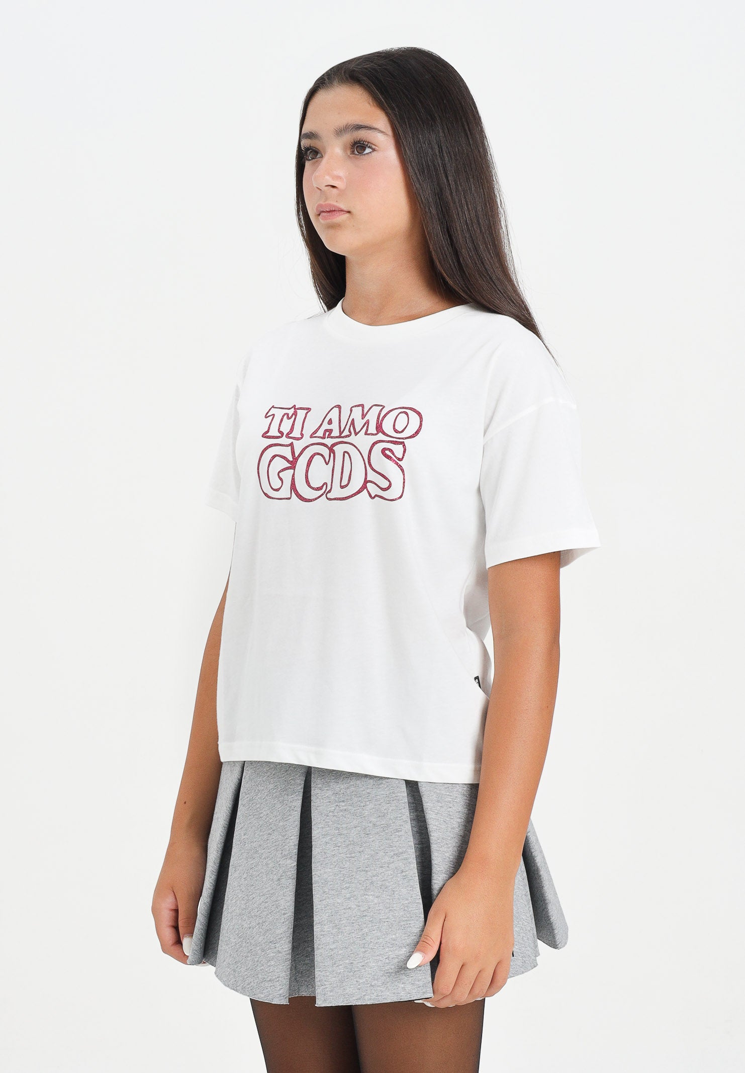 GCDS T-shirt a manica corta bianca per donna e bambina con stampa glitterata TI AMO GCDS B2JW2335BA3 15 GCDS 