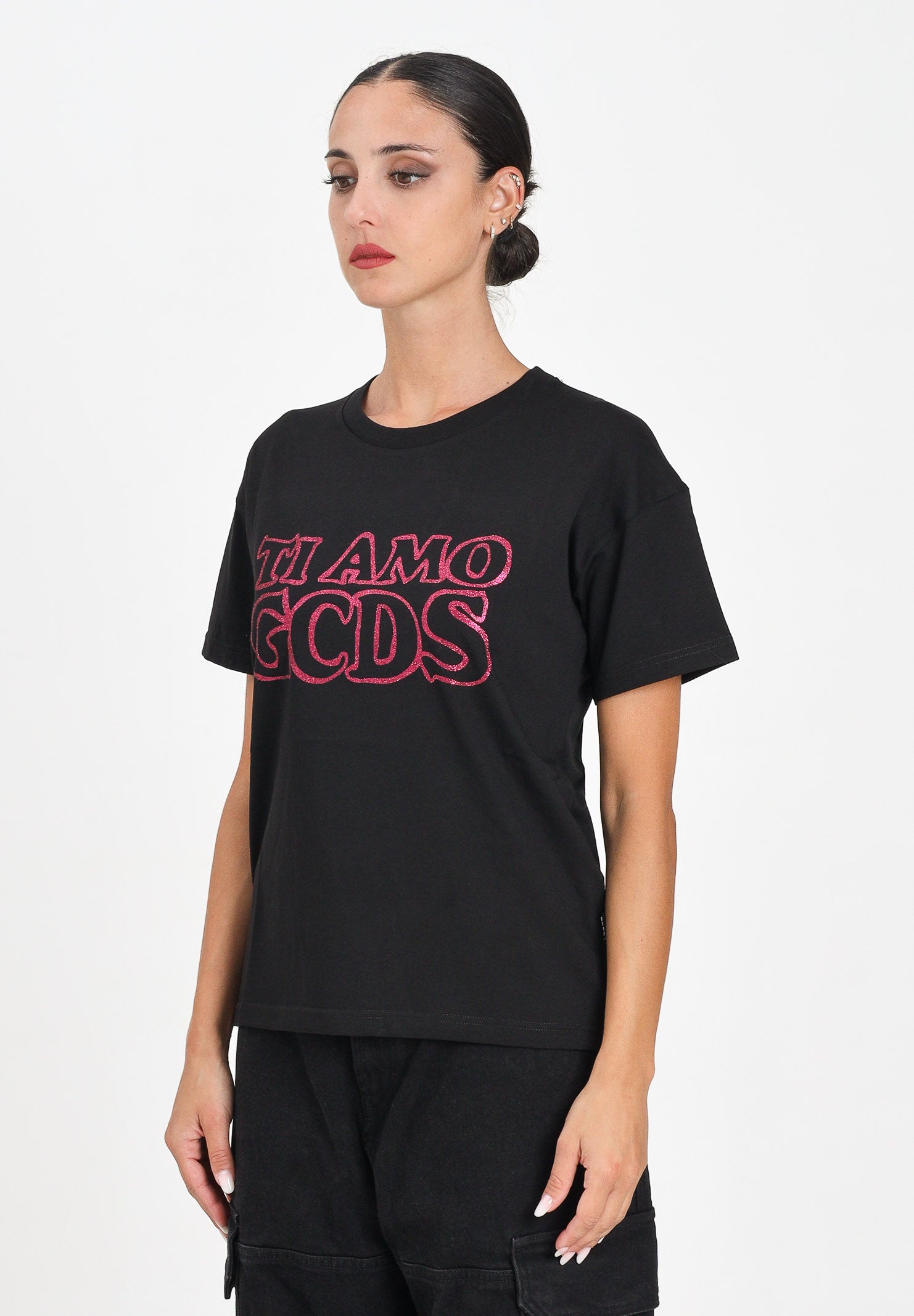 GCDS T-shirt a manica corta nera per donna e bambina con stampa glitterata TI AMO GCDS B2JW2335BA3 99 GCDS 