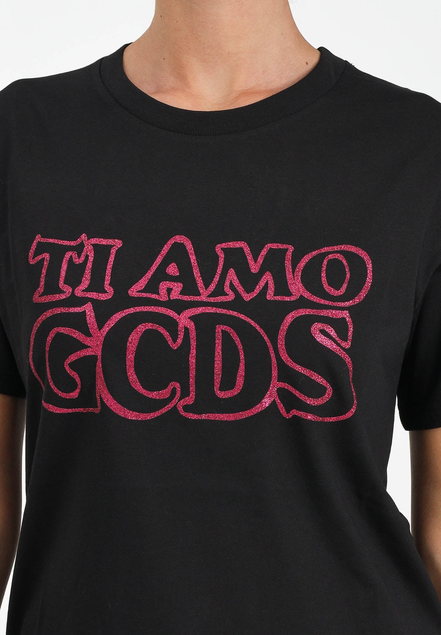 GCDS T-shirt a manica corta nera per donna e bambina con stampa glitterata TI AMO GCDS B2JW2335BA3 99 GCDS 