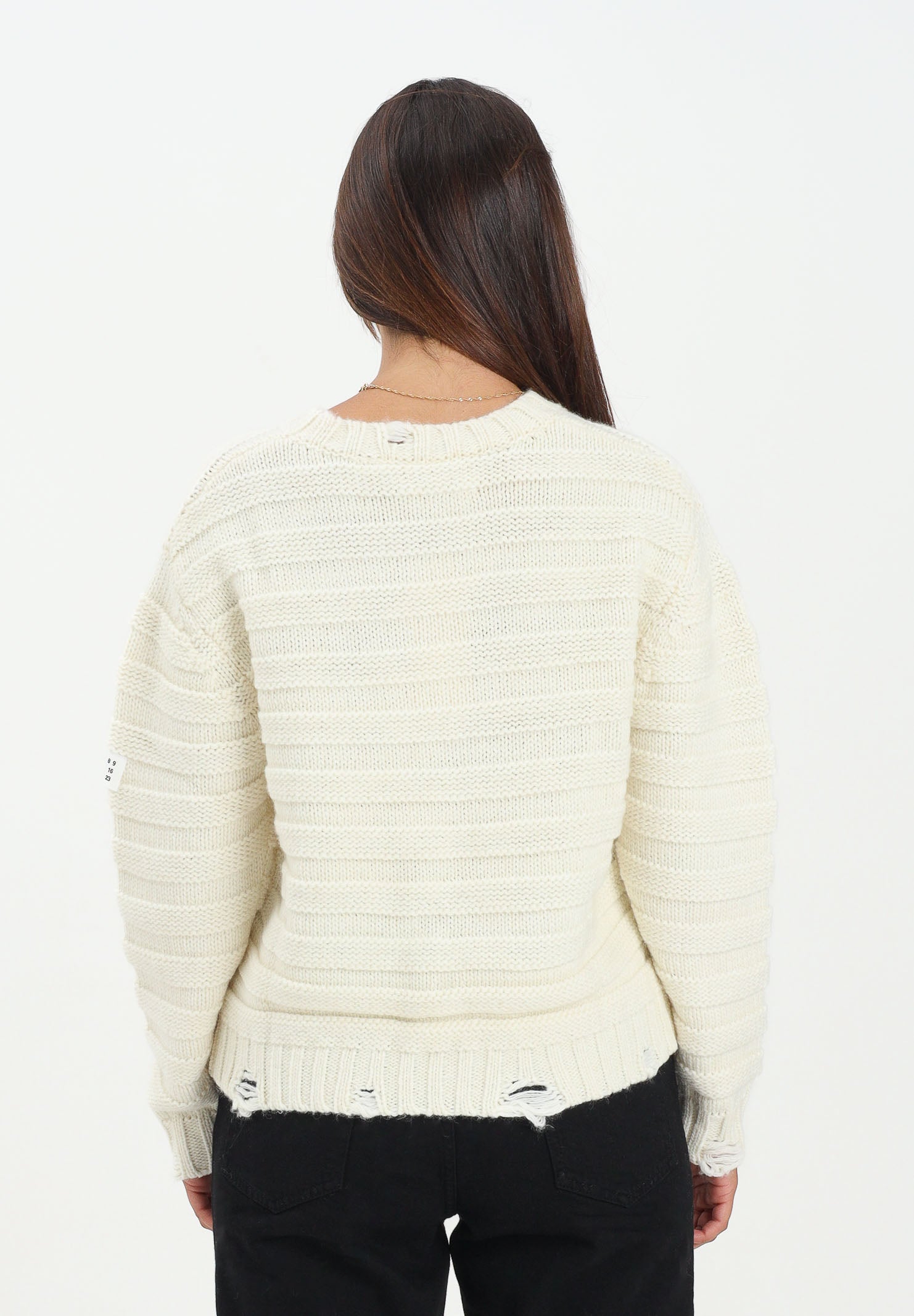 MAISON MARGIELA Maglioncino girocollo panna per donna, ragazzi e bambini in misto lana a coste con rotture<BR/> M60880MM06P M6101 MAISON MARGIELA 