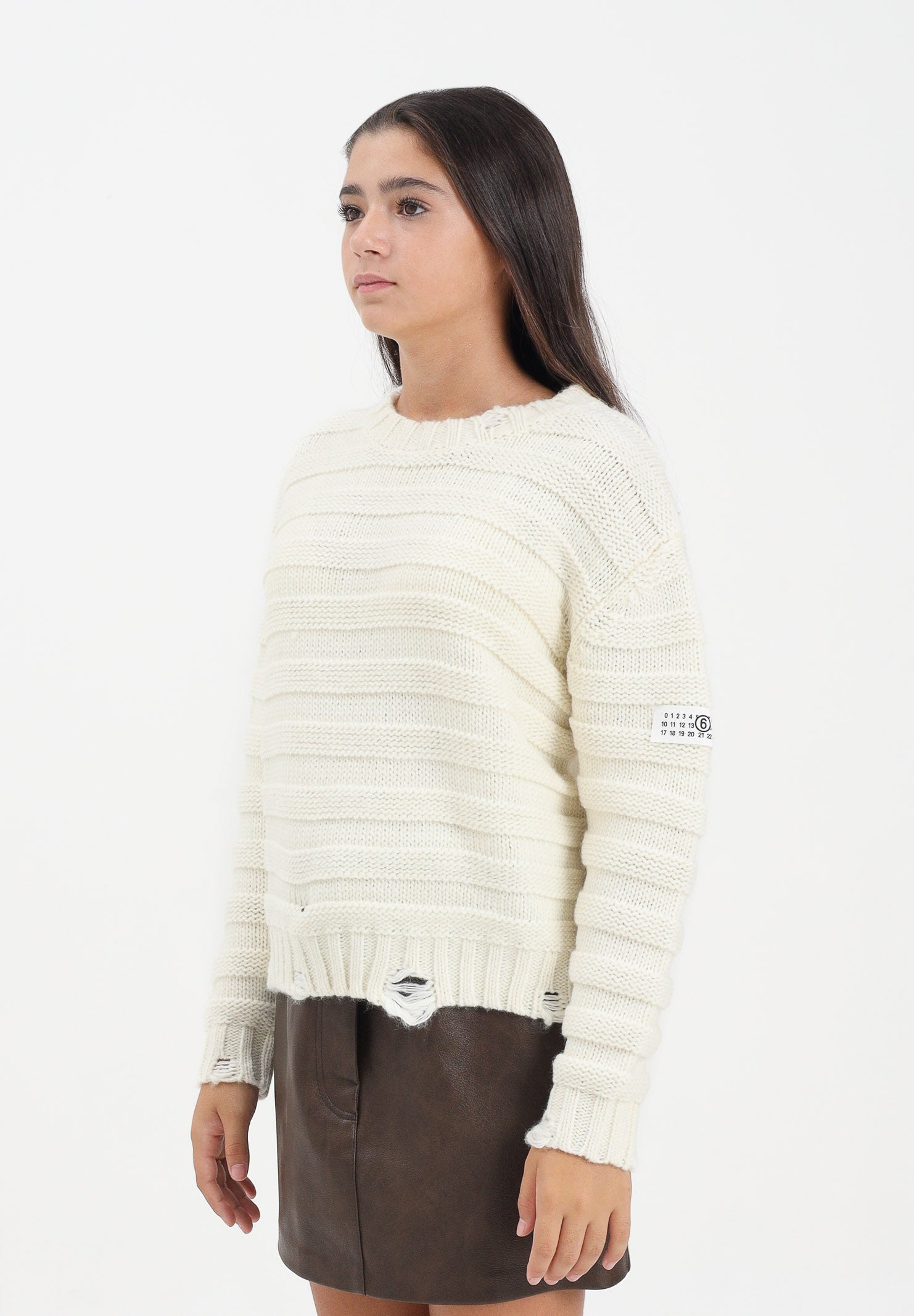 MAISON MARGIELA Maglioncino girocollo panna per donna, ragazzi e bambini in misto lana a coste con rotture<BR/> M60880MM06P M6101 MAISON MARGIELA 