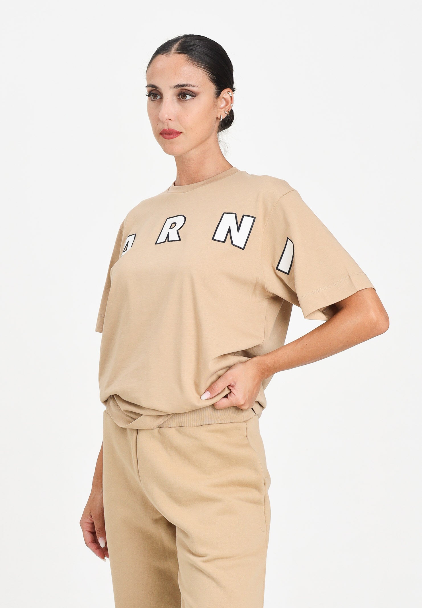 MARNI T-shirt a manica corta beige per donna, ragazzi e bambini con ricamo logo M01265M00RF 0M715 MARNI 