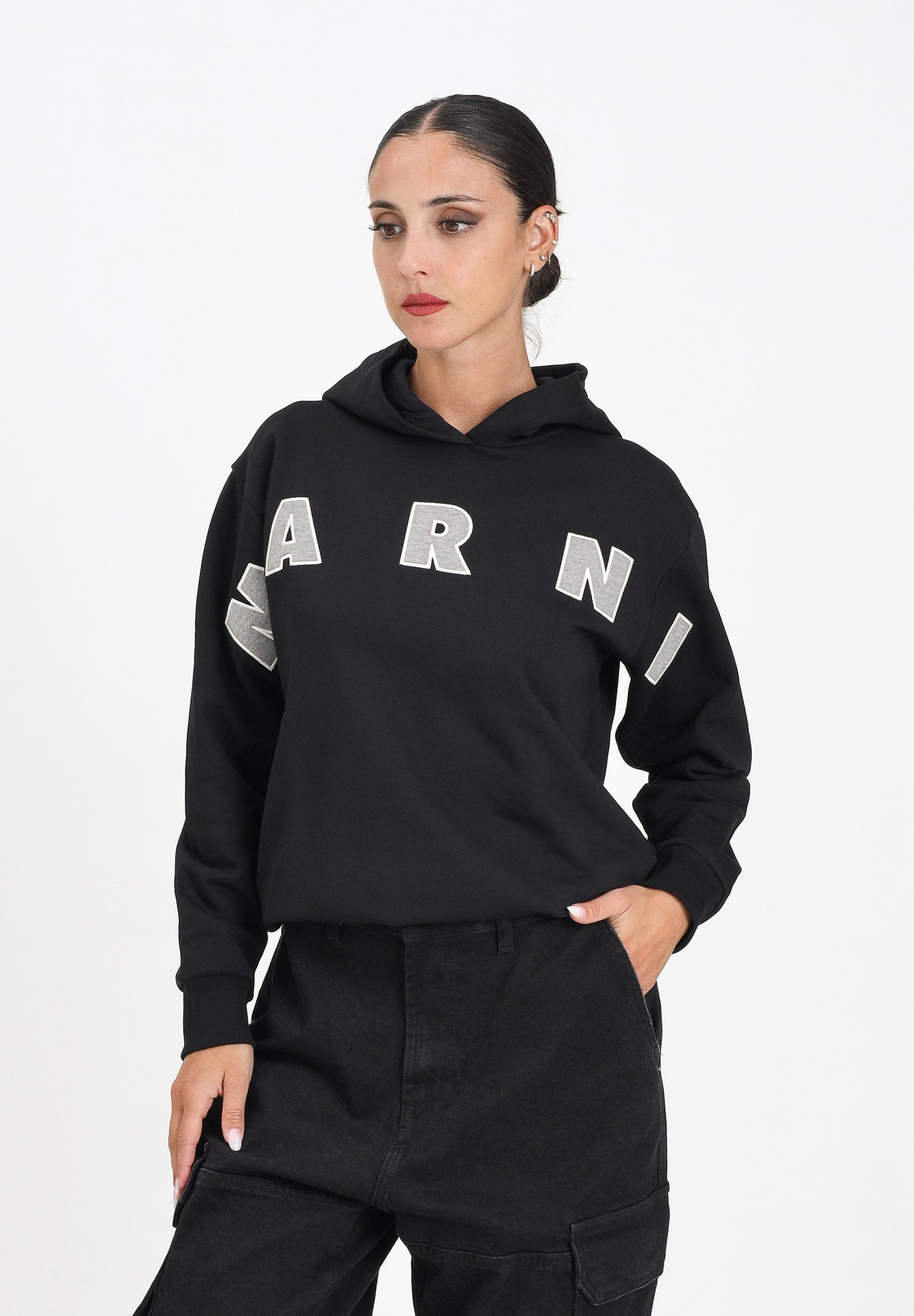 MARNI Felpa con cappuccio nera per donna, ragazzi e bambini rifinita da logo Patch Marni ricamato M01266M00V0 0M90D MARNI 
