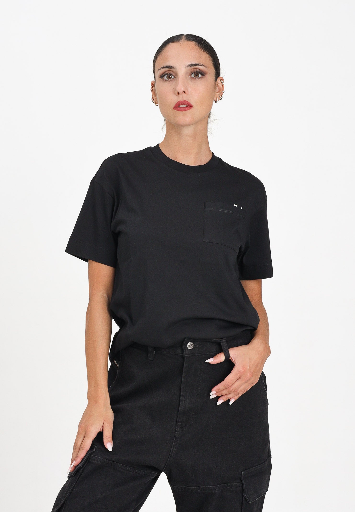 MARNI T-shirt a manica corta nera per donna, ragazzi e bambini con taschino e logo M01415M00RF 0M900 MARNI 