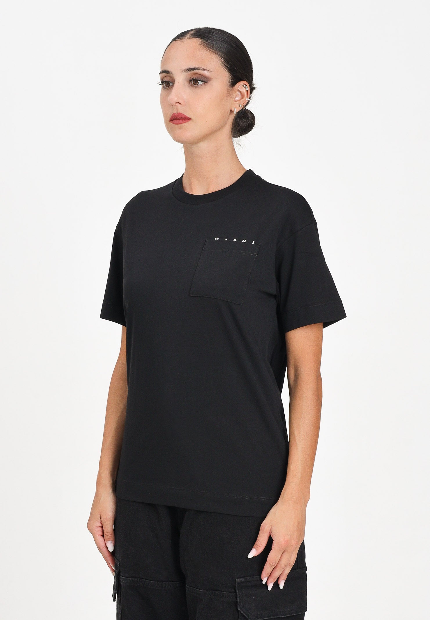 MARNI T-shirt a manica corta nera per donna, ragazzi e bambini con taschino e logo M01415M00RF 0M900 MARNI 
