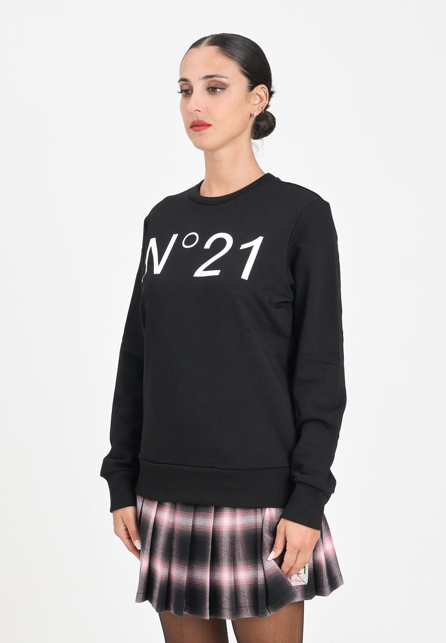 N21 Felpa girocollo nera per donna, ragazzi e bambini con logo a contrasto N21588N0154 0N900 N21 