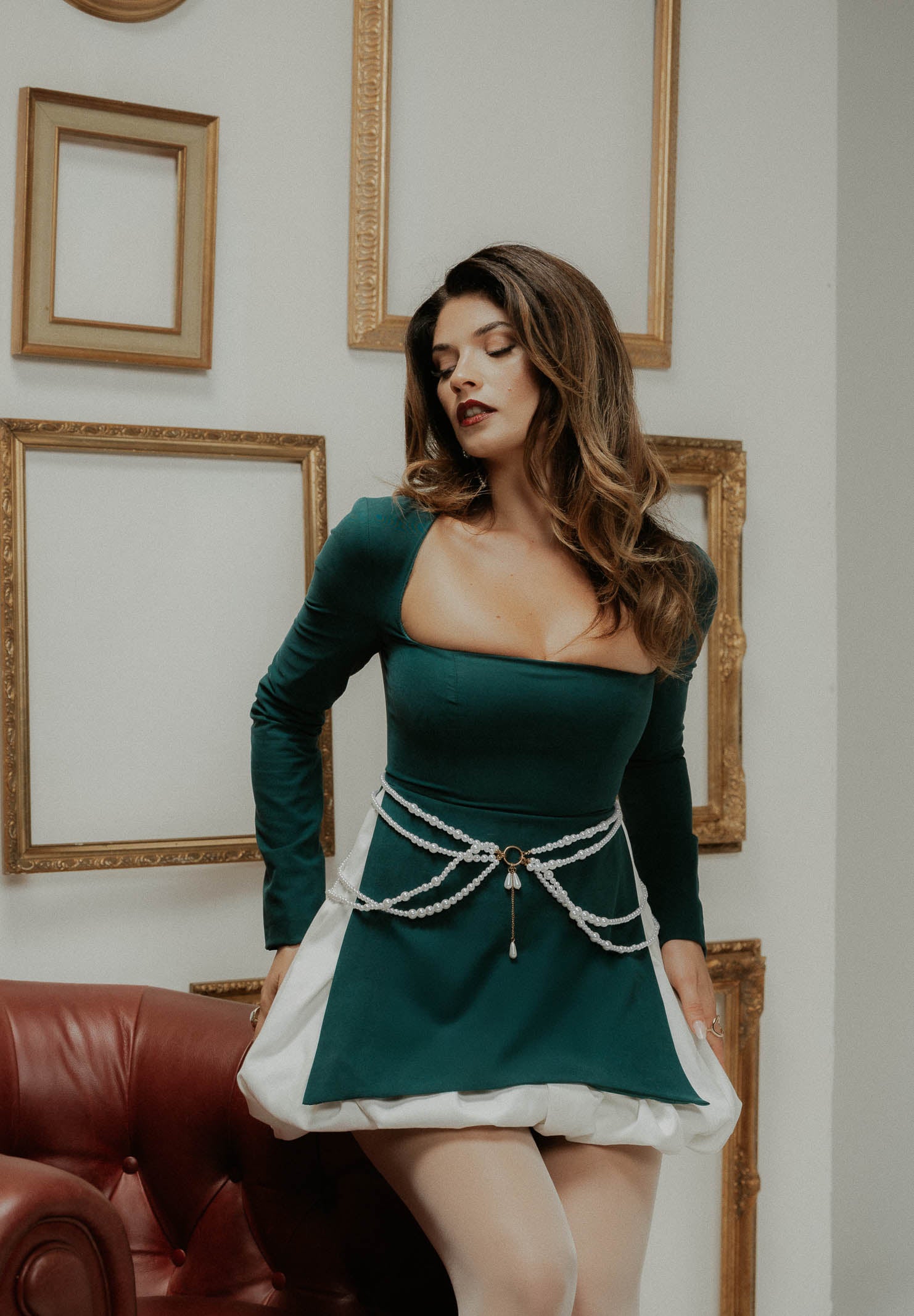 SANTAS Abito corto Noble verde ottanio da donna con gonna ballon PV2605 VEBI SANTAS 