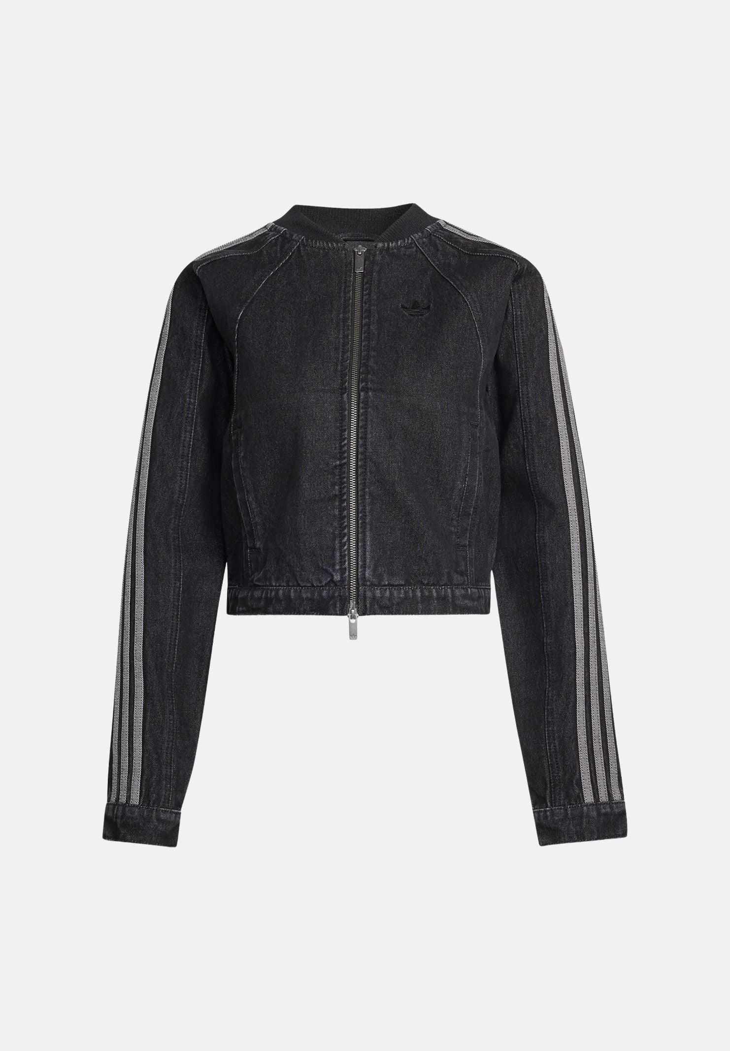 ADIDAS ORIGINALS Giubbotto di jeans nero da donna con zip integrale e bande laterali a contrasto. KQ6467 . ADIDAS ORIGINALS 