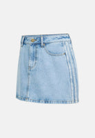 ADIDAS ORIGINALS Gonna MID RISE corta light denim-azzurro chiaro da donna  con 3-stripes laterali<BR/> KQ6487 . ADIDAS ORIGINALS 