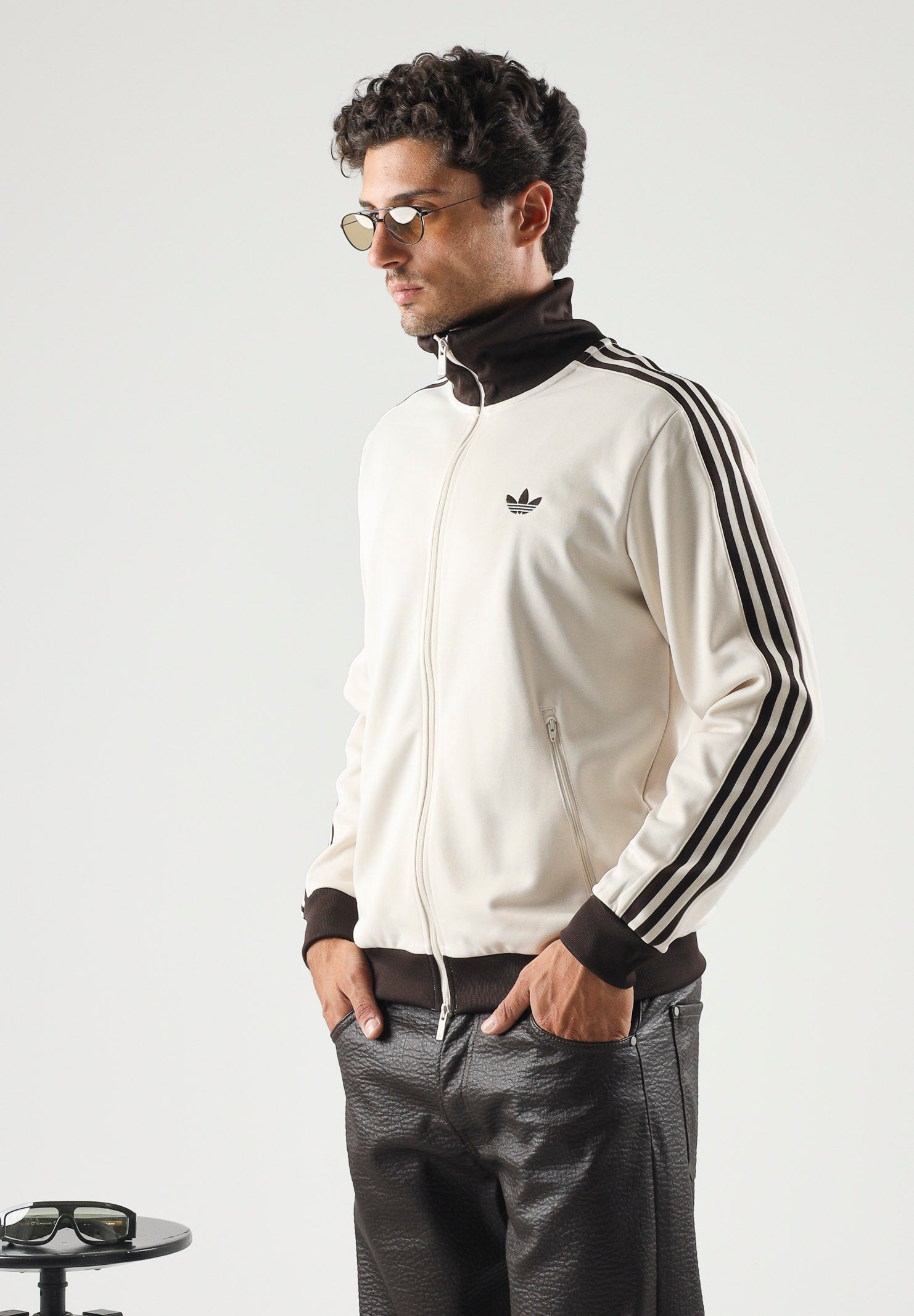 ADIDAS ORIGINALS Felpa con zip BECKENBAUER panna e marrone da uomo KQ9491 . ADIDAS ORIGINALS 