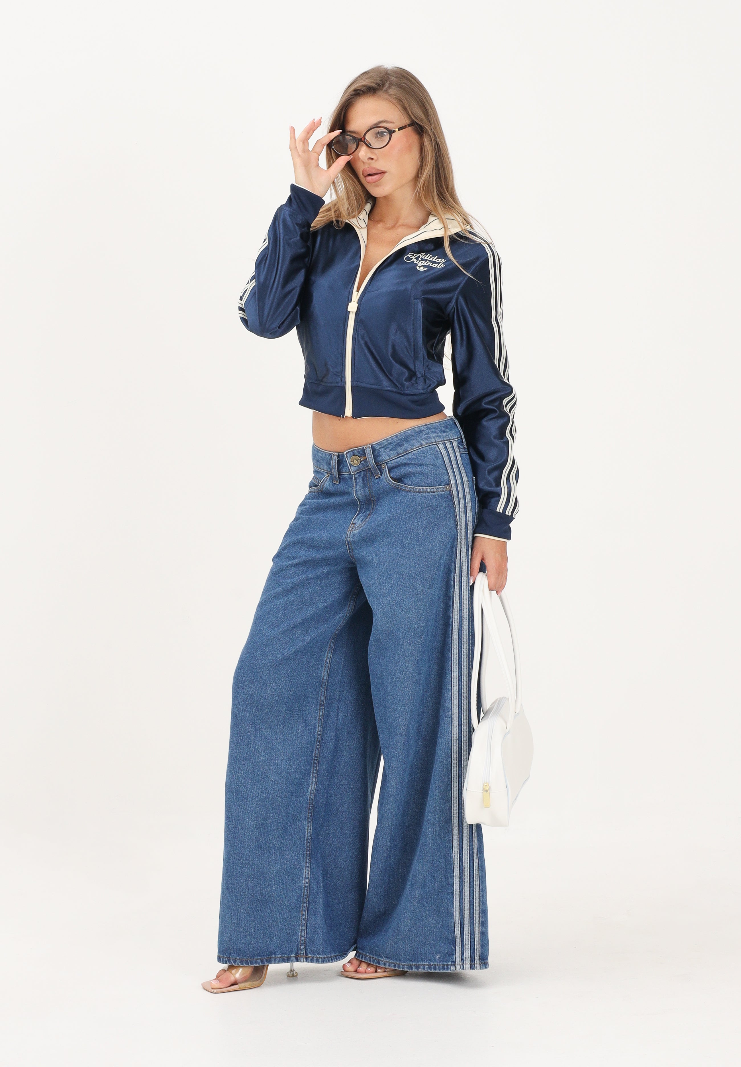 ADIDAS ORIGINALS Felpa FIREBIRD con zip vaniglia-blu da donna con fantasia a righe verticali KR7031 . ADIDAS ORIGINALS 