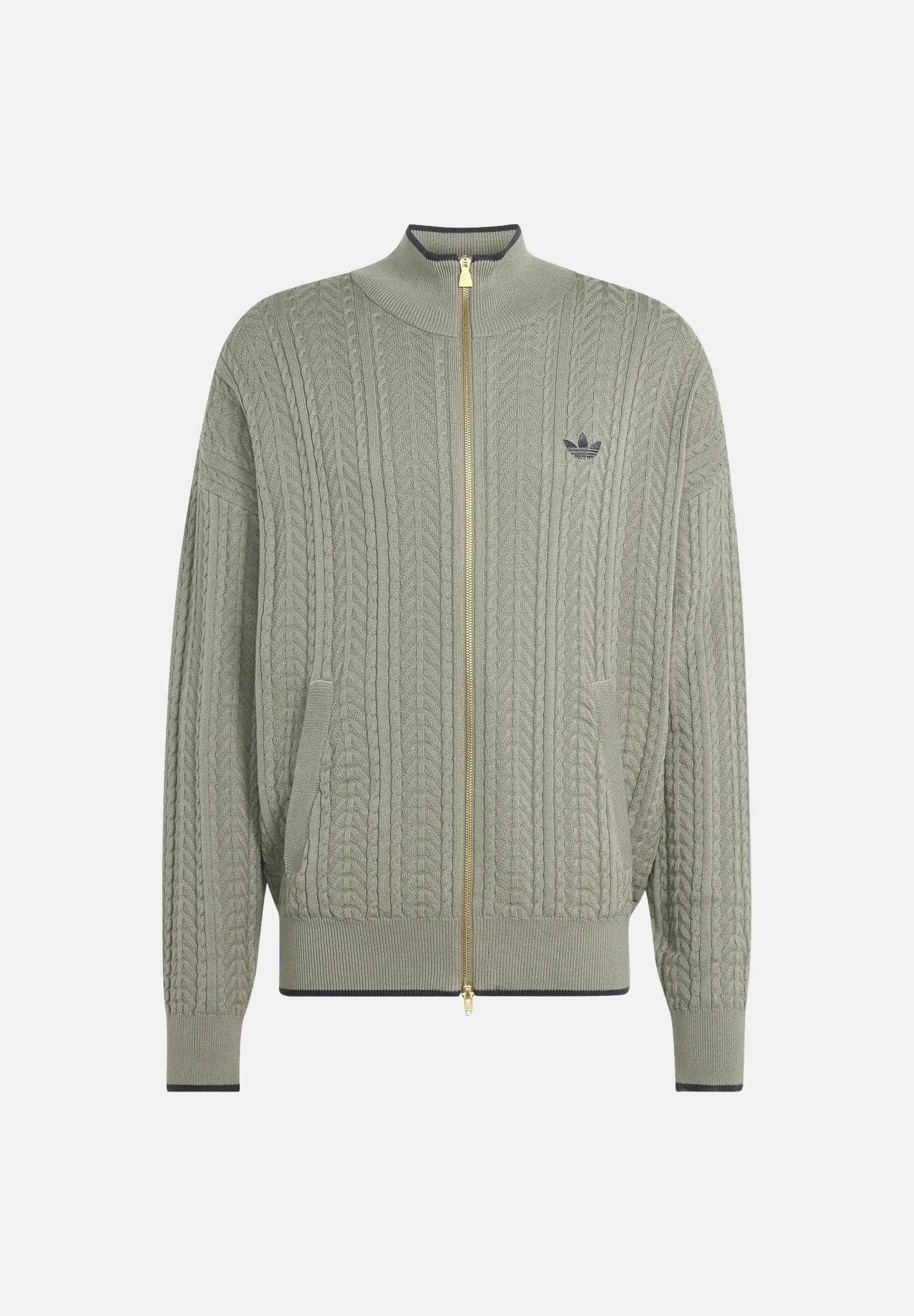 ADIDAS ORIGINALS Cardigan FIREBIRD CABLE KNIT Silver Pebble beige da uomo con lavorazione a trecce KR9761 . ADIDAS ORIGINALS 