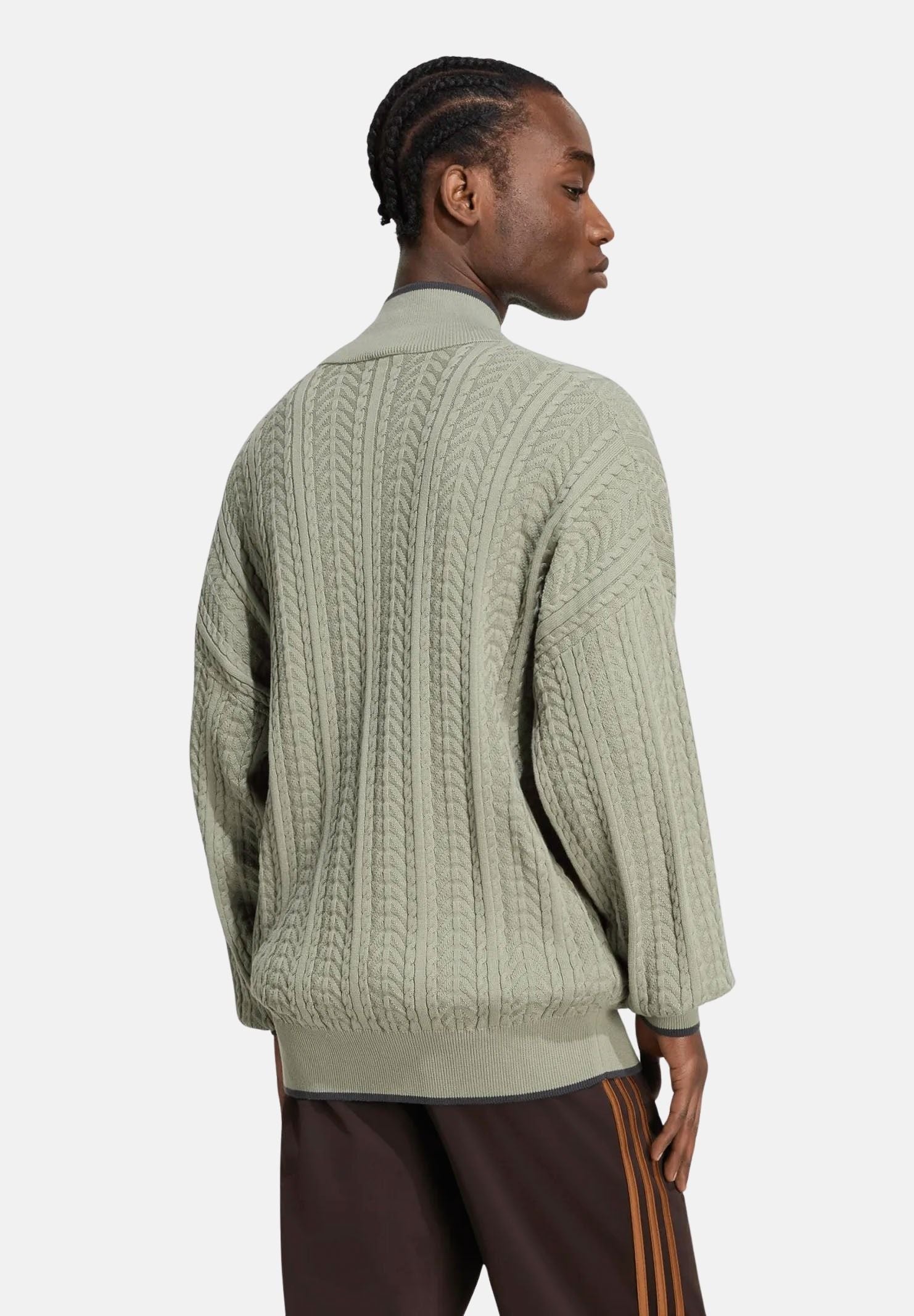 ADIDAS ORIGINALS Cardigan FIREBIRD CABLE KNIT Silver Pebble beige da uomo con lavorazione a trecce KR9761 . ADIDAS ORIGINALS 
