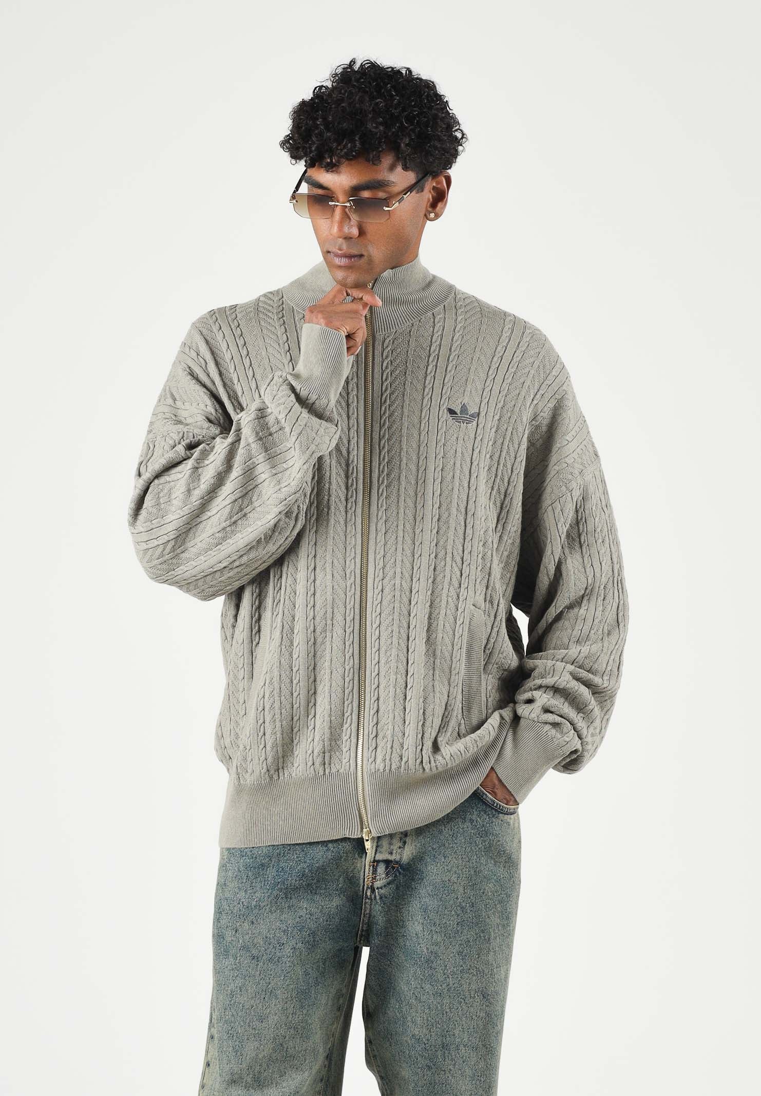ADIDAS ORIGINALS Cardigan FTRACK TOP FIREBIRD Silver Pebble verde per uomo e donna con lavorazione a trecce KR9761 . ADIDAS ORIGINALS 